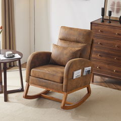 HAOYYE Rustic Microfiber Rocking Chair, Mid-Century Modern Upholstered Glider with Curved Armrests and Headrest, Sturdy Solid Wood Base for Living Room and Bedroom Decor