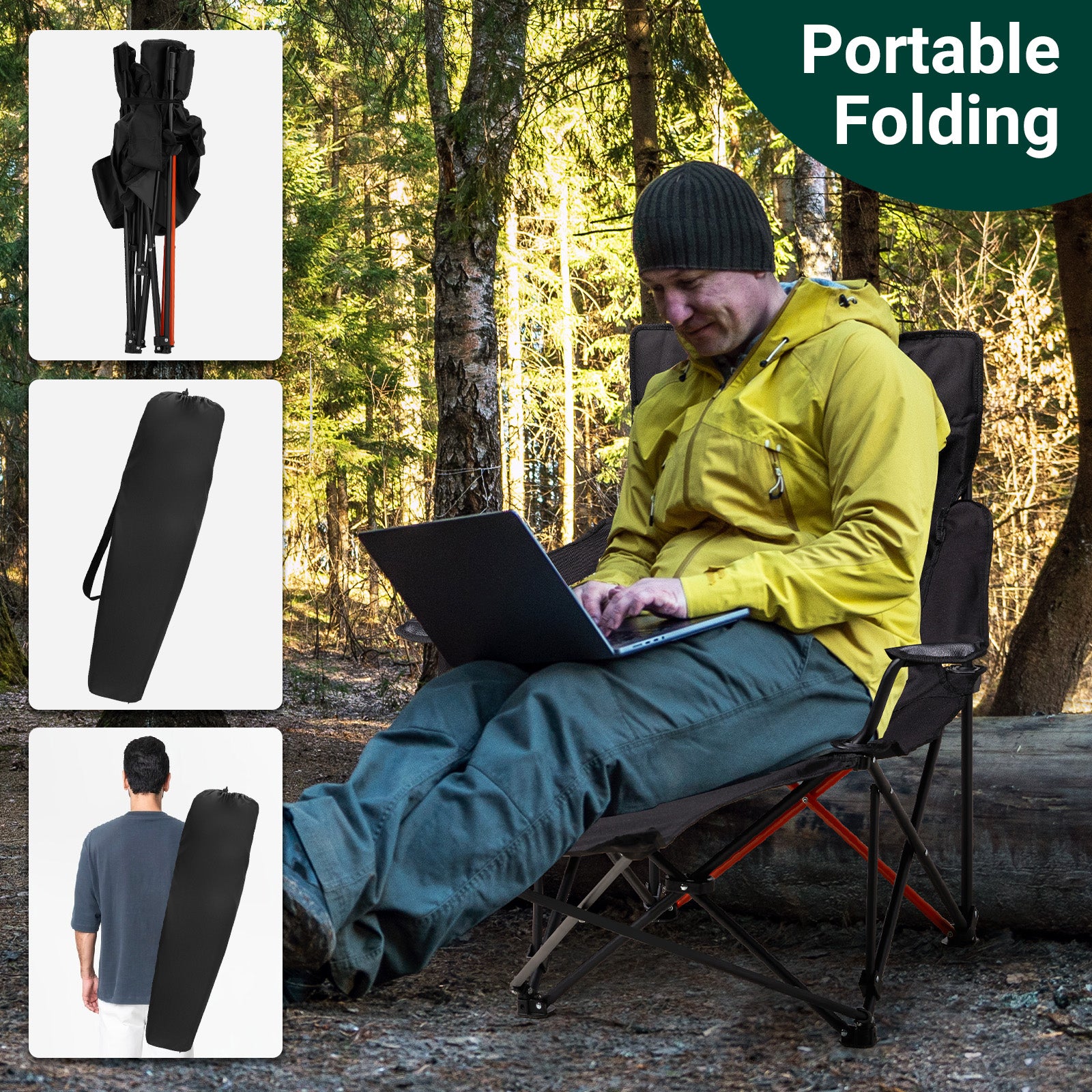 HAOYYE 2 Pack 2-in-1 Camping Chair Reclining, Lightweight Folding Camping Chair with Adjustable Backrest & Removable Footrest, Camping Lounge Chair with Headrest, Cup Holder, Storage Bag, for Beach