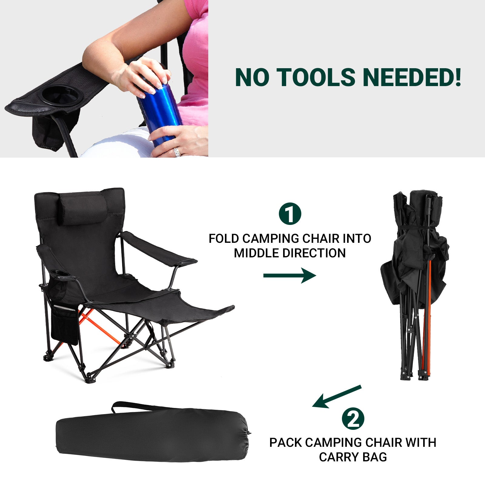 HAOYYE 2 Pack 2-in-1 Camping Chair Reclining, Lightweight Folding Camping Chair with Adjustable Backrest & Removable Footrest, Camping Lounge Chair with Headrest, Cup Holder, Storage Bag, for Beach