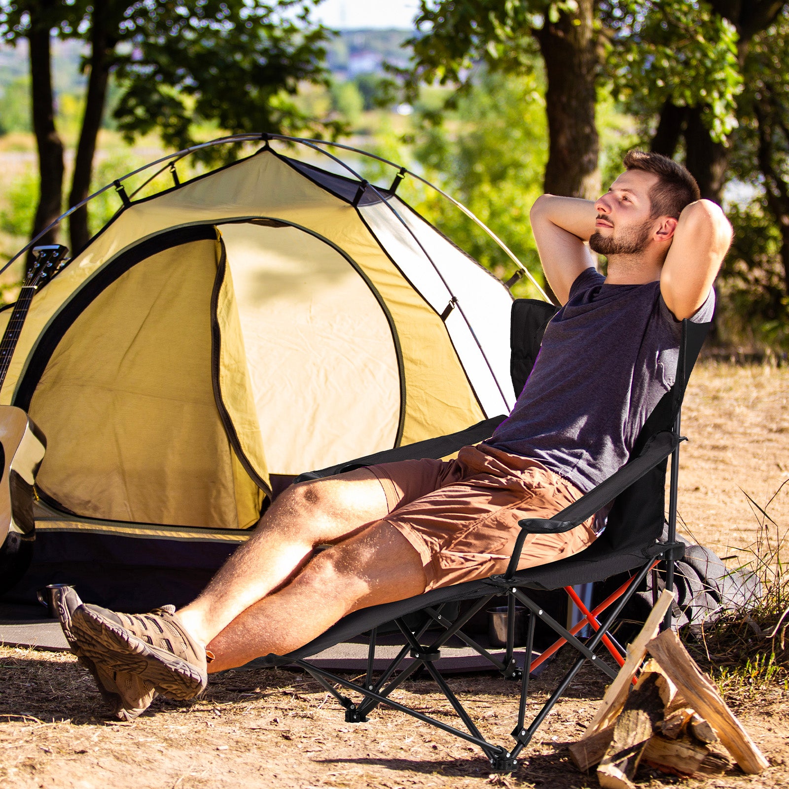 HAOYYE 2 Pack 2-in-1 Camping Chair Reclining, Lightweight Folding Camping Chair with Adjustable Backrest & Removable Footrest, Camping Lounge Chair with Headrest, Cup Holder, Storage Bag, for Beach