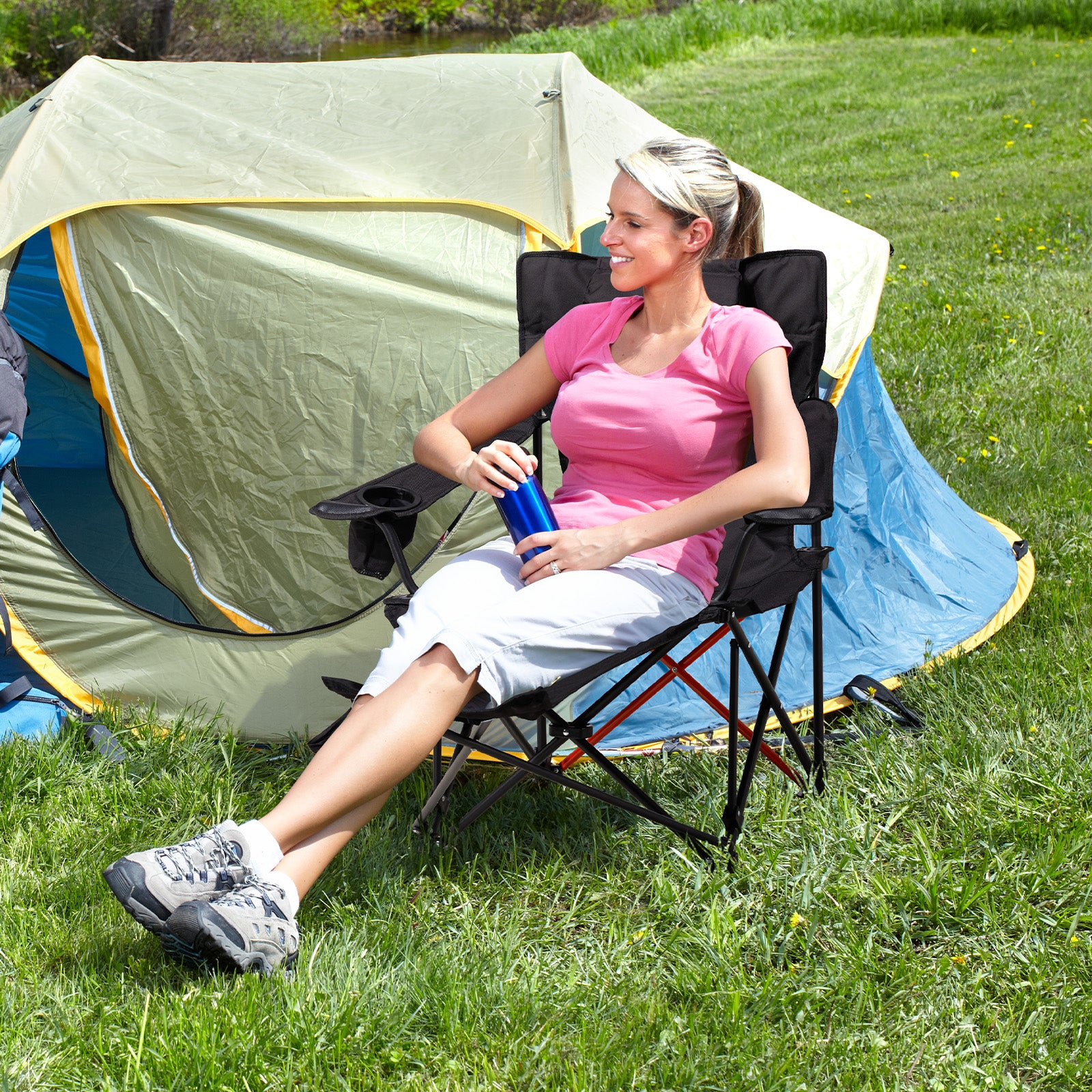 HAOYYE 2 Pack 2-in-1 Camping Chair Reclining, Lightweight Folding Camping Chair with Adjustable Backrest & Removable Footrest, Camping Lounge Chair with Headrest, Cup Holder, Storage Bag, for Beach