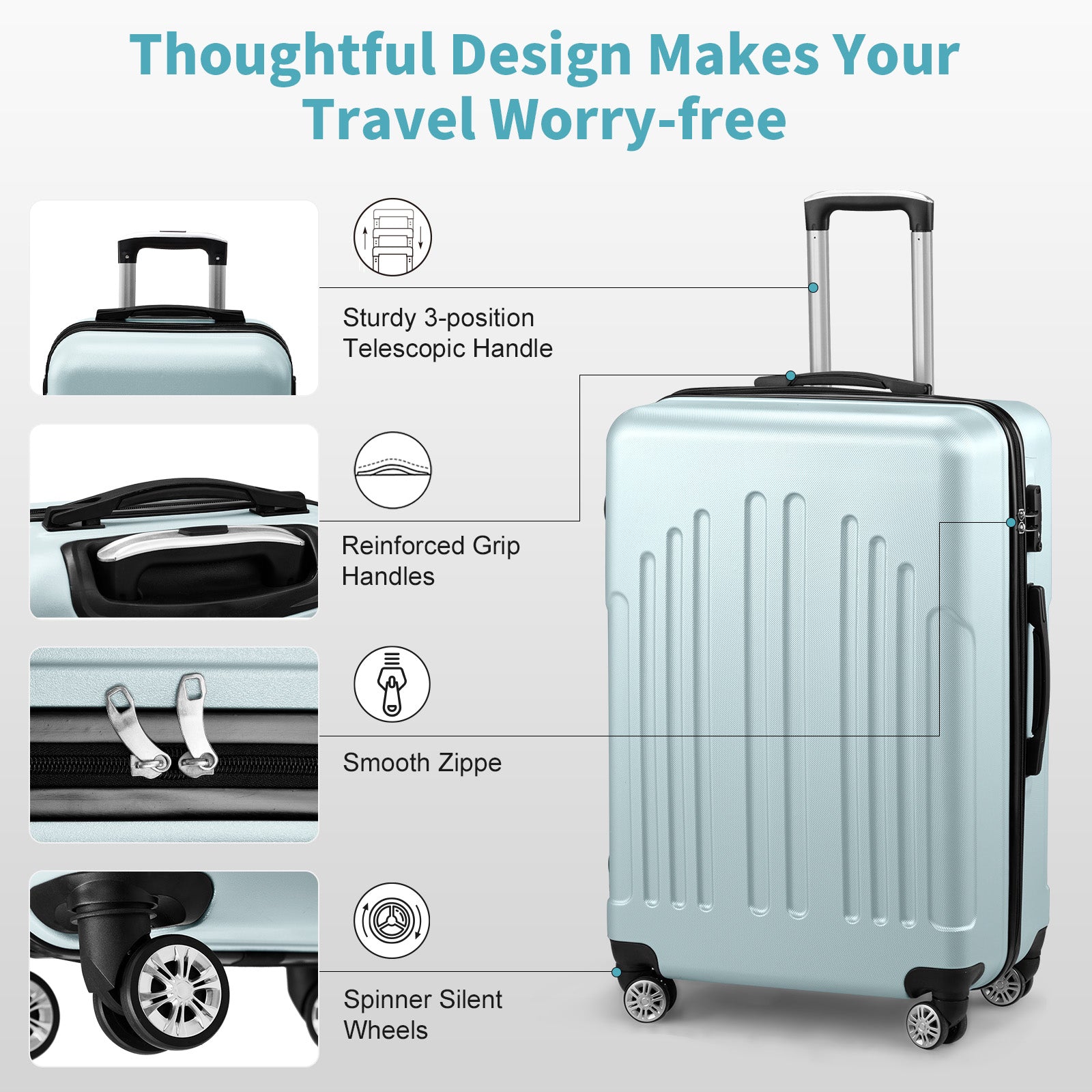 HAOYYE 3-Piece Luggage Set, ABS+PC Hardshell Suitcases With TSA Lock, 4 Spinner Wheels, Lightweight Trolley Travel Case, Ideal for Carry-On, Check-In, and Business Trips