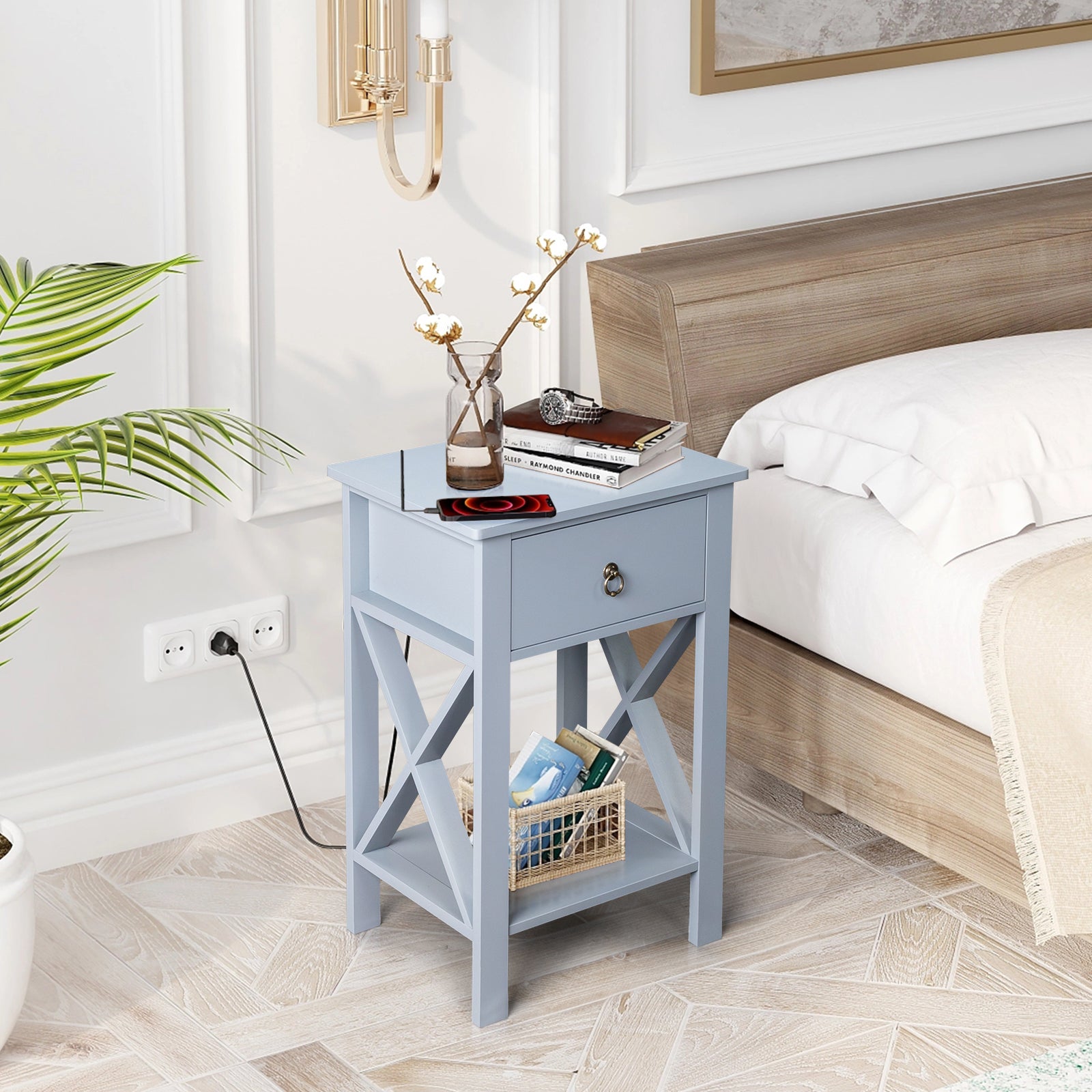 HAOYYE Side Intersection Style Bedside Cabinets with Two-Layer Drawer, Modern Gray Design, Multi-Functional Storage, Sturdy and Stylish, Perfect for Living Room, Bedroom, and Small Spaces