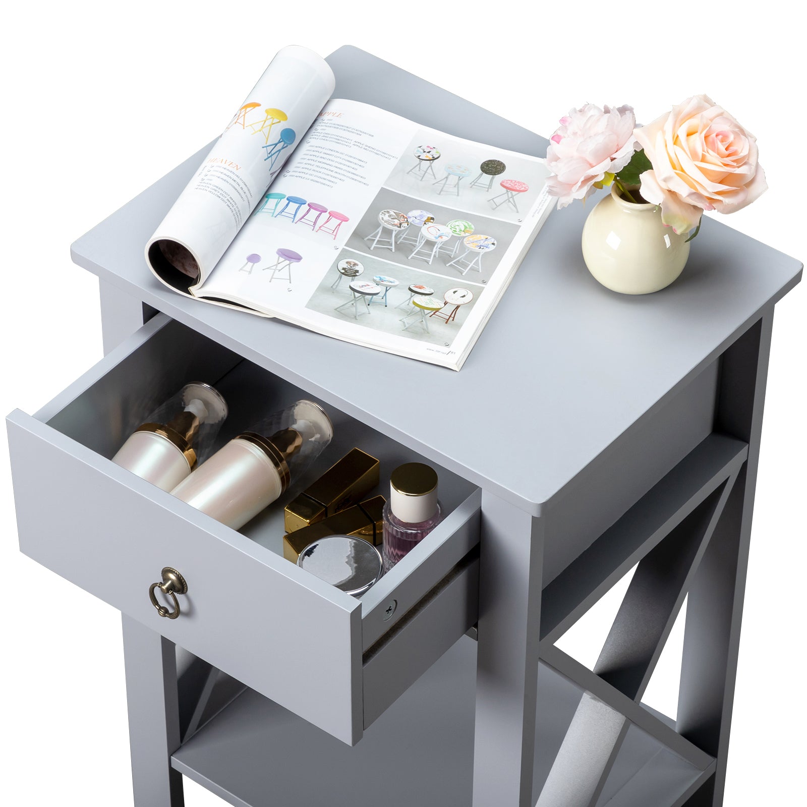 HAOYYE Side Intersection Style Bedside Cabinets with Two-Layer Drawer, Modern Gray Design, Multi-Functional Storage, Sturdy and Stylish, Perfect for Living Room, Bedroom, and Small Spaces