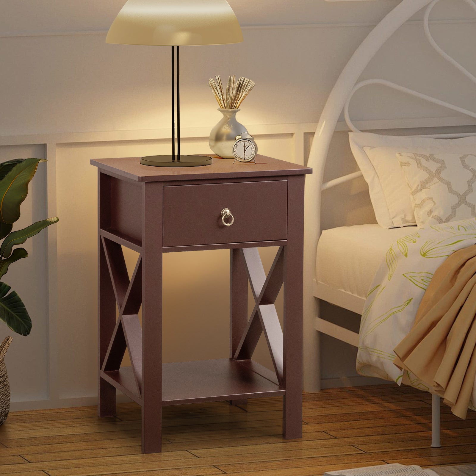 HAOYYE Side Intersection Style Bedside Cabinets with Two-Layer Drawer, Compact and Stylish Storage Solution, Brown, Modern Design for Living Room, Bedroom, and Office, Durable, Easy Assembly, Multi-Functional End Table