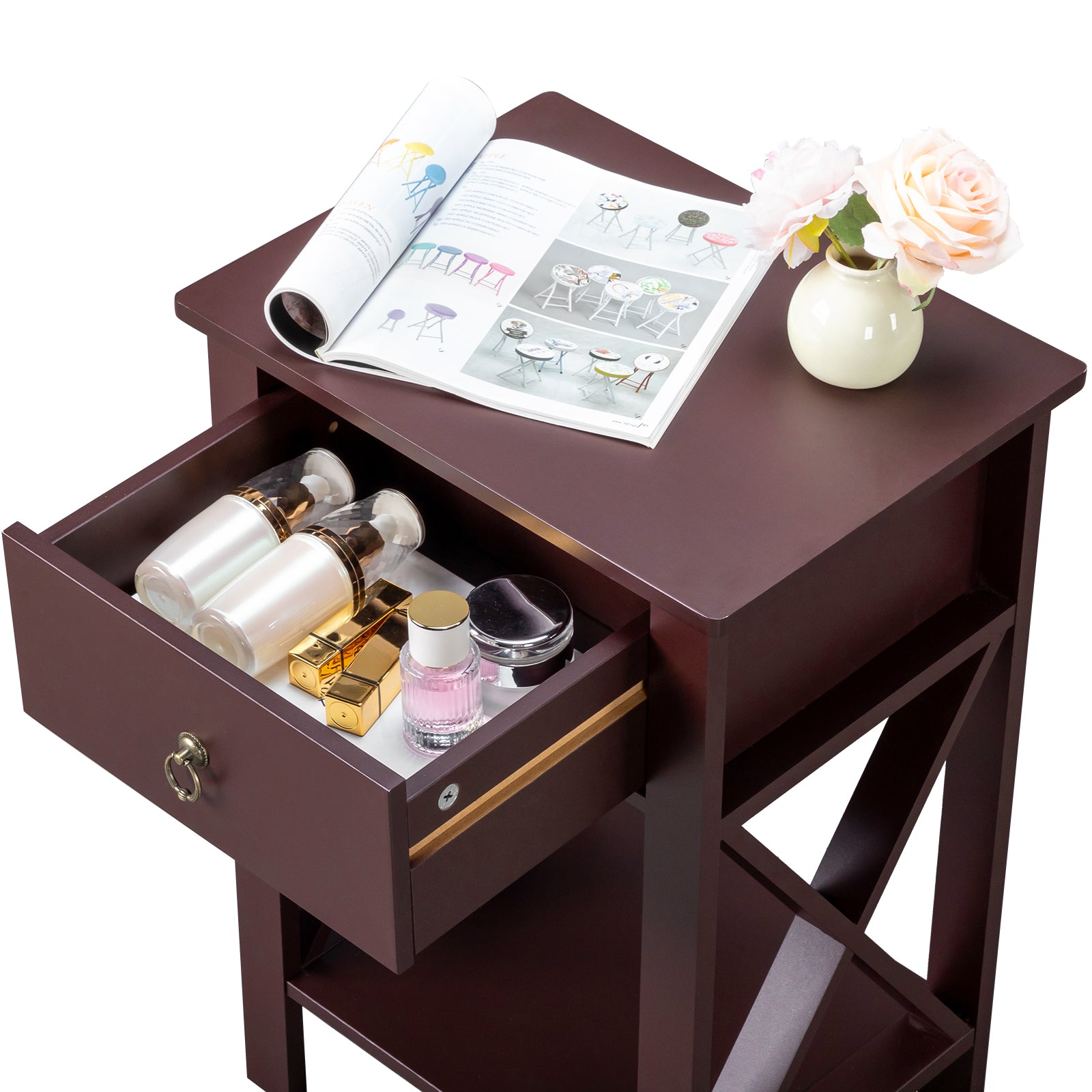 HAOYYE Side Intersection Style Bedside Cabinets with Two-Layer Drawer, Compact and Stylish Storage Solution, Brown, Modern Design for Living Room, Bedroom, and Office, Durable, Easy Assembly, Multi-Functional End Table