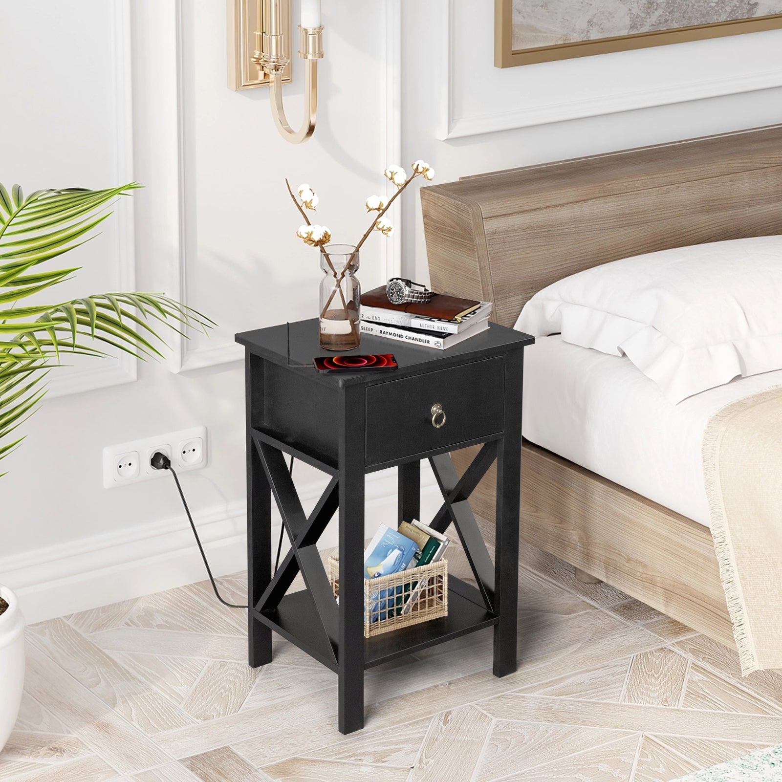 HAOYYE 2PCS Side Intersection Style Bedside Table & Coffee Table with Two-Layer Drawers, Black - Modern Multi-Functional Furniture for Living Room, Bedroom, and Home Office, Stylish Storage Solution with Sleek Design