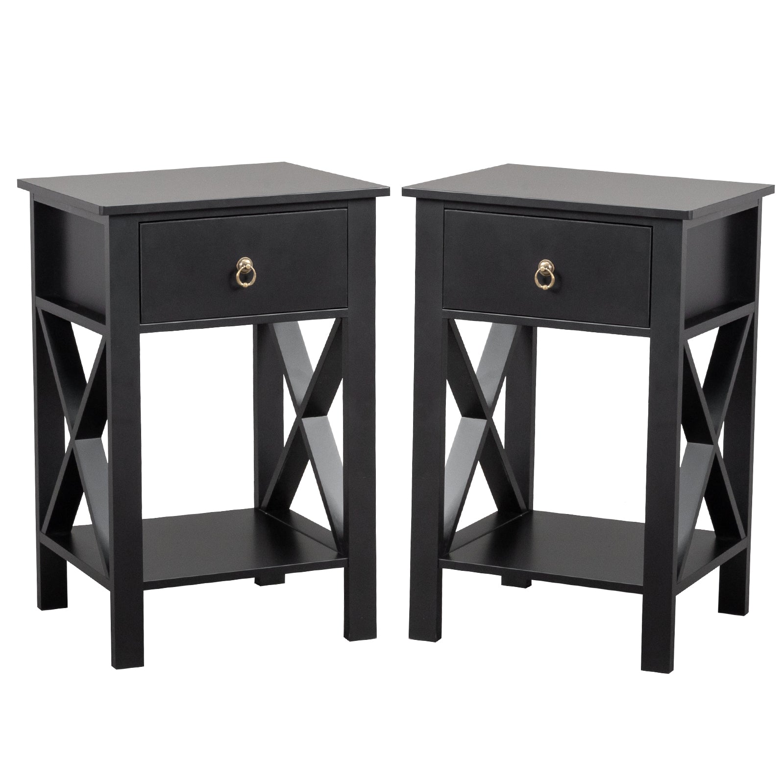 HAOYYE 2PCS Side Intersection Style Bedside Table & Coffee Table with Two-Layer Drawers, Black - Modern Multi-Functional Furniture for Living Room, Bedroom, and Home Office, Stylish Storage Solution with Sleek Design