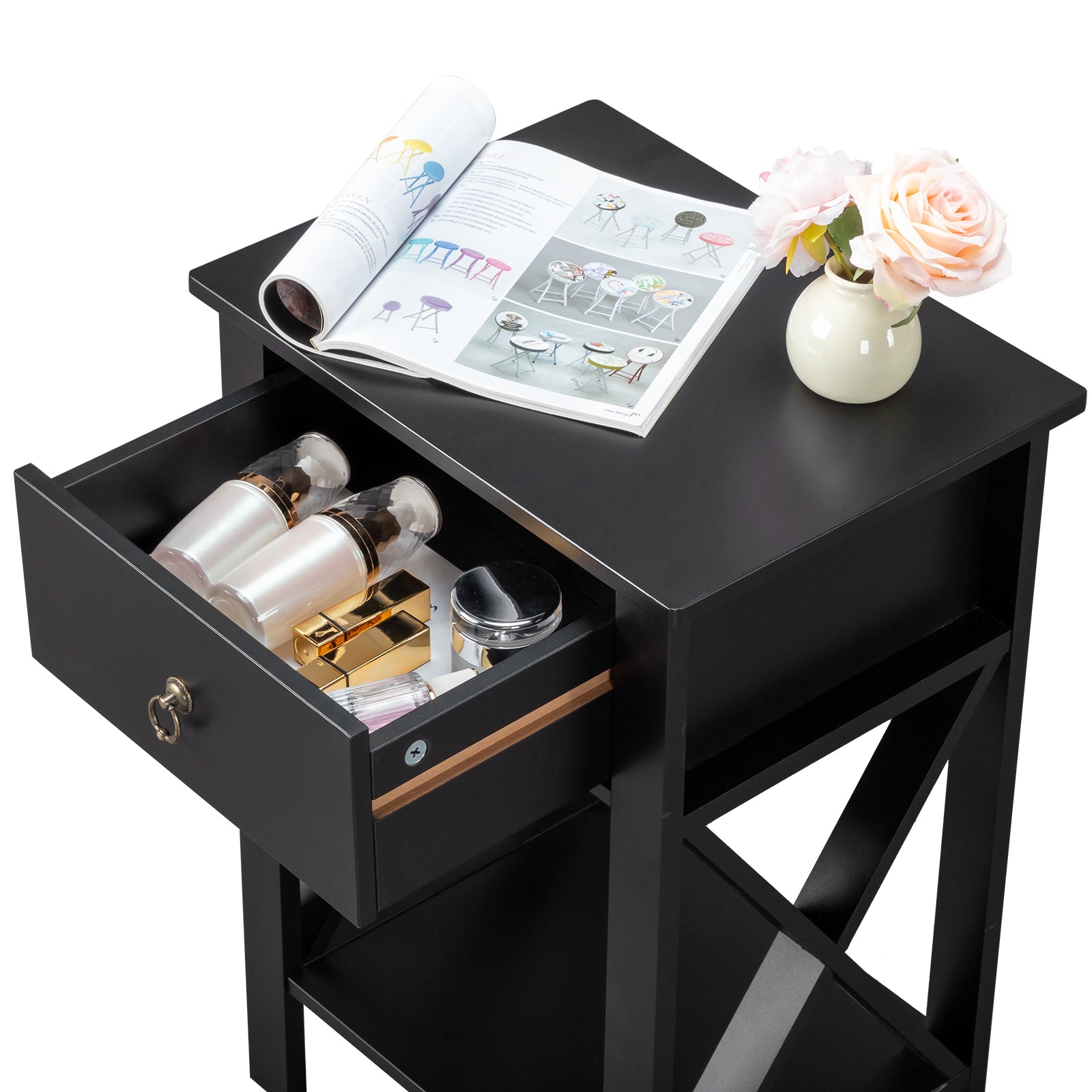 HAOYYE 2PCS Side Intersection Style Bedside Table & Coffee Table with Two-Layer Drawers, Black - Modern Multi-Functional Furniture for Living Room, Bedroom, and Home Office, Stylish Storage Solution with Sleek Design
