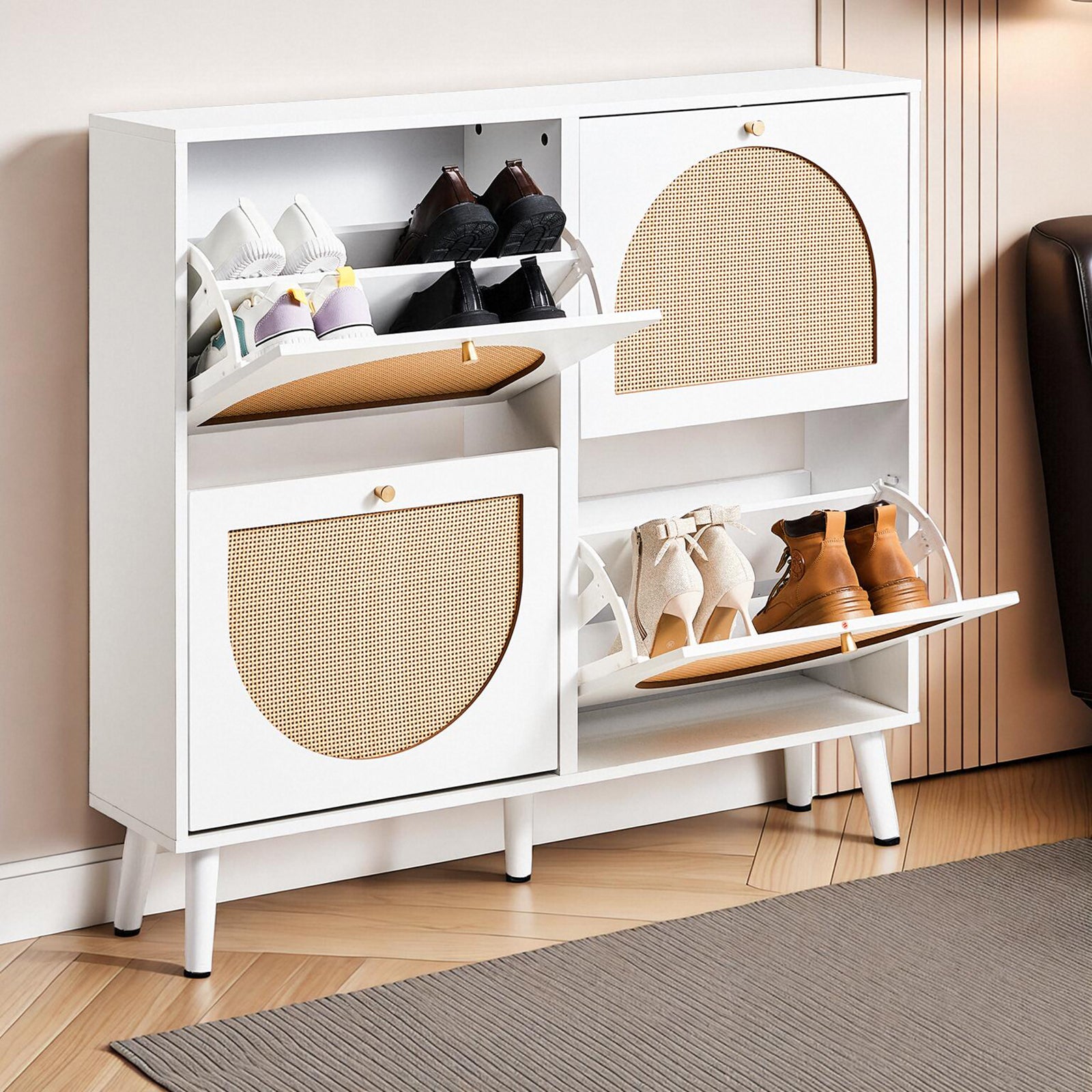 HAOYYE 2 Rows of 4 Dump Buckets Rattan Shoe Cabinet with High Gold Feet, White Frame and Natural Rattan Surface, Entryway Storage Organizer with Flip Drawers