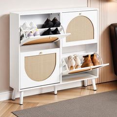 HAOYYE 2 Rows of 4 Dump Buckets Rattan Shoe Cabinet with High Gold Feet, White Frame and Natural Rattan Surface, Entryway Storage Organizer with Flip Drawers