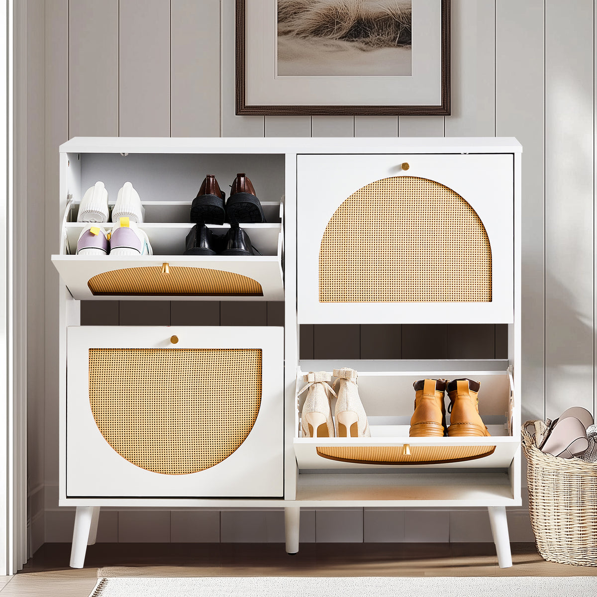 HAOYYE 2 Rows of 4 Dump Buckets Rattan Shoe Cabinet with High Gold Feet, White Frame and Natural Rattan Surface, Entryway Storage Organizer with Flip Drawers