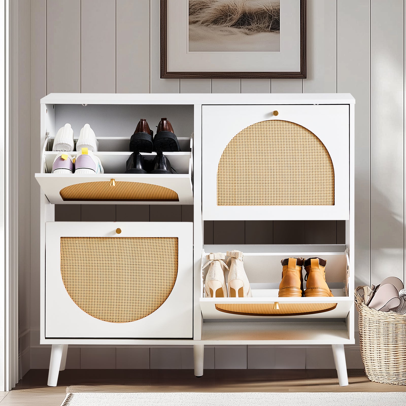 HAOYYE 2 Rows of 4 Dump Buckets Rattan Shoe Cabinet with High Gold Feet, White Frame and Natural Rattan Surface, Entryway Storage Organizer with Flip Drawers