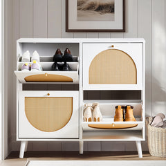 HAOYYE 2 Rows of 4 Dump Buckets Rattan Shoe Cabinet with High Gold Feet, White Frame and Natural Rattan Surface, Entryway Storage Organizer with Flip Drawers