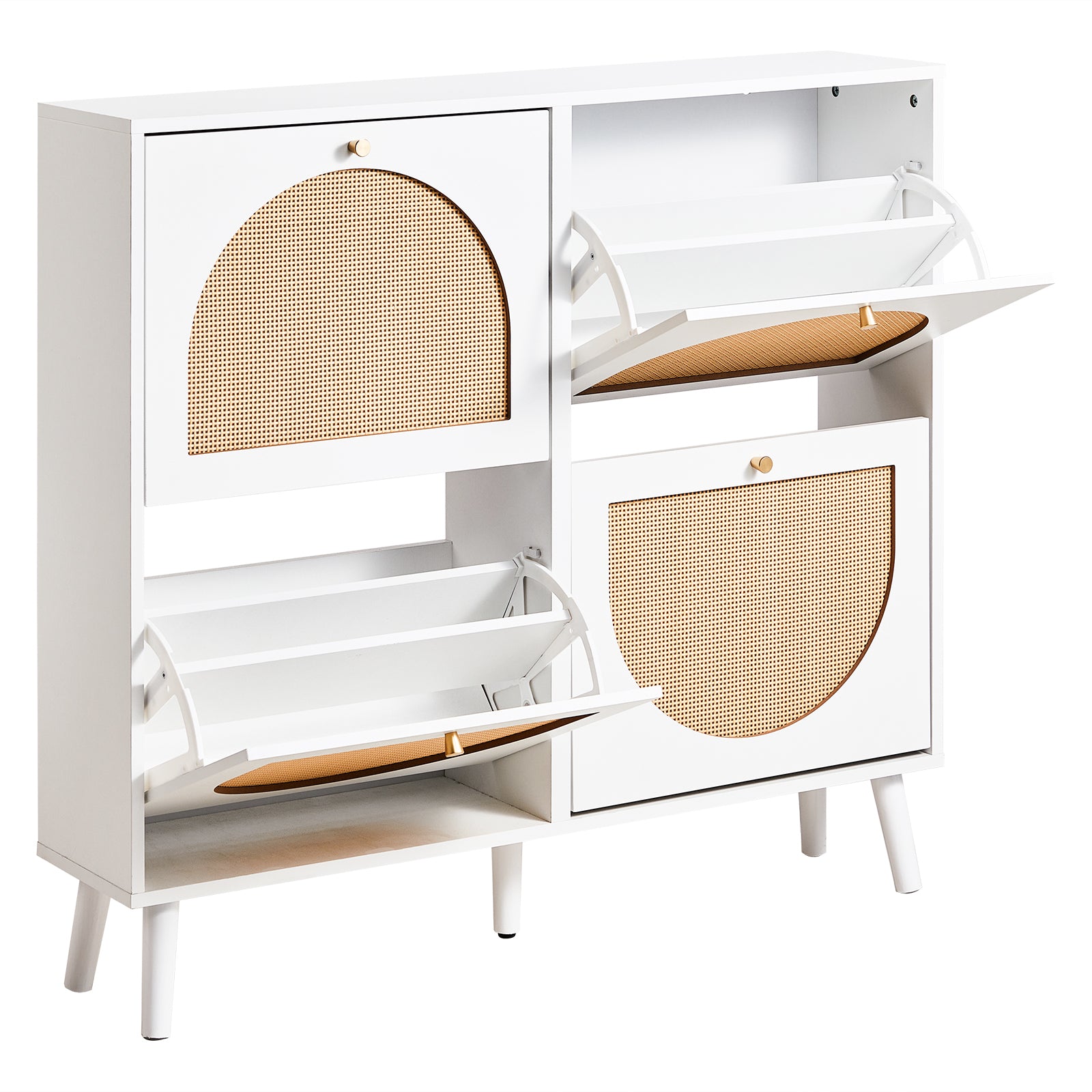 HAOYYE 2 Rows of 4 Dump Buckets Rattan Shoe Cabinet with High Gold Feet, White Frame and Natural Rattan Surface, Entryway Storage Organizer with Flip Drawers