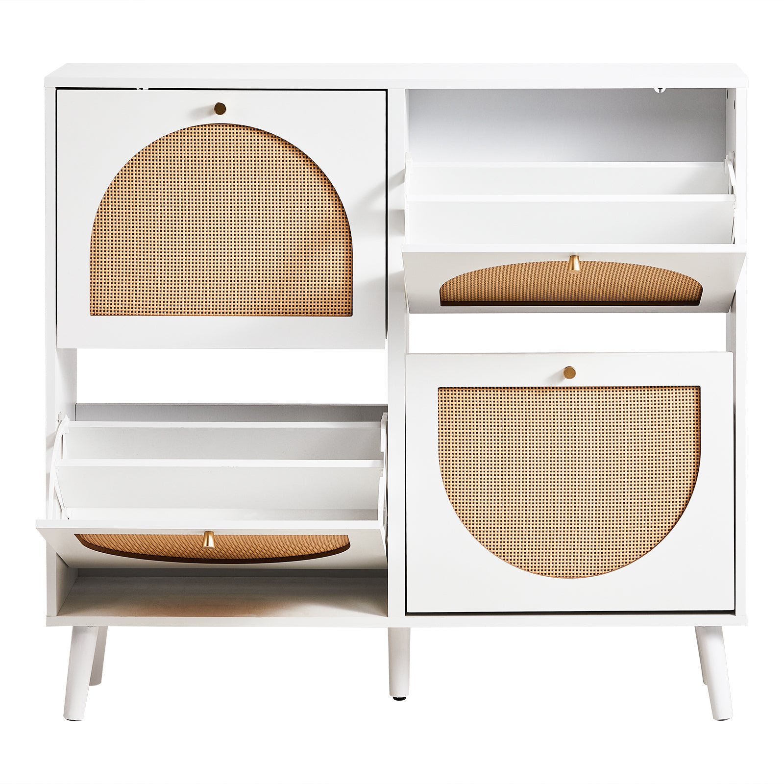 HAOYYE 2 Rows of 4 Dump Buckets Rattan Shoe Cabinet with High Gold Feet, White Frame and Natural Rattan Surface, Entryway Storage Organizer with Flip Drawers