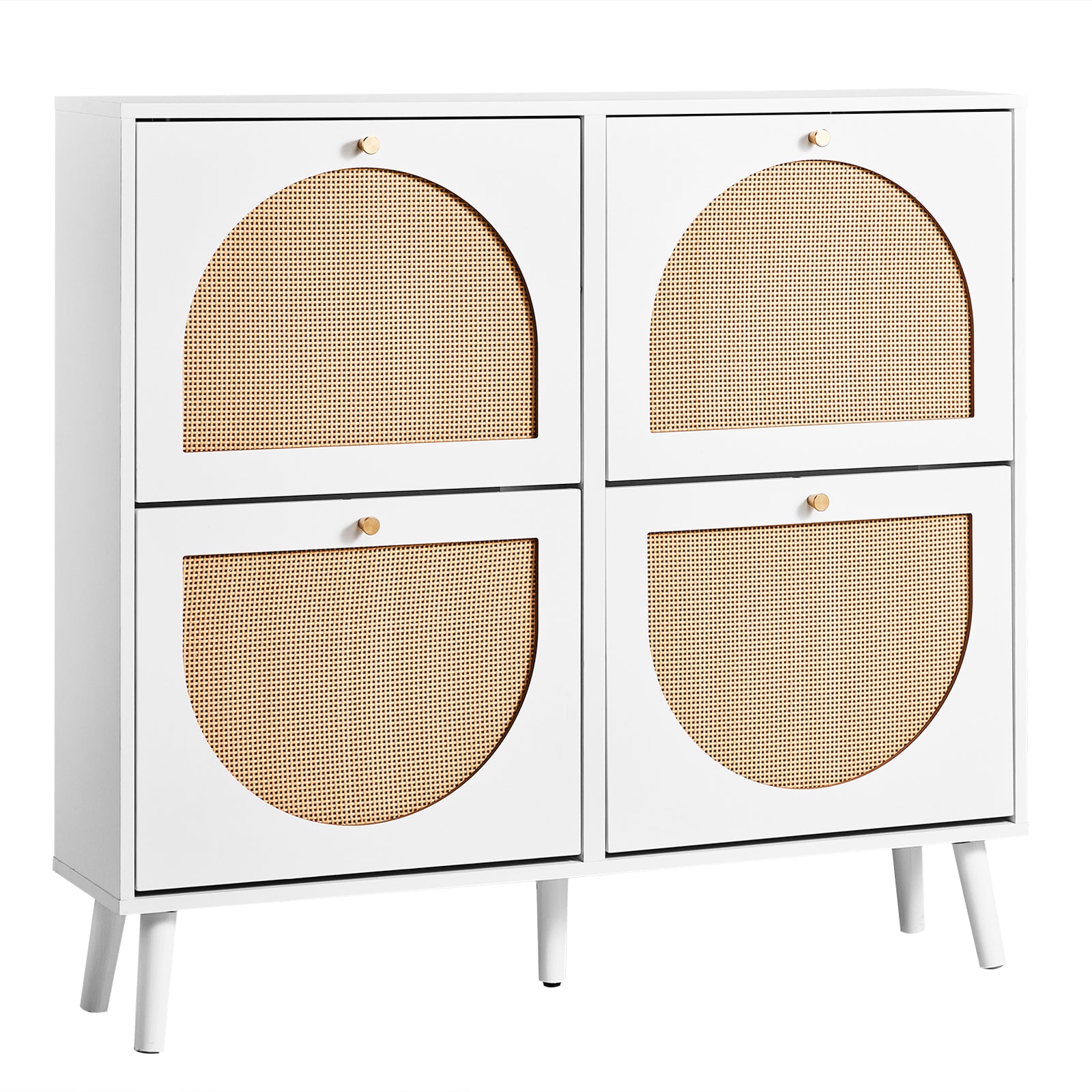 HAOYYE 2 Rows of 4 Dump Buckets Rattan Shoe Cabinet with High Gold Feet, White Frame and Natural Rattan Surface, Entryway Storage Organizer with Flip Drawers