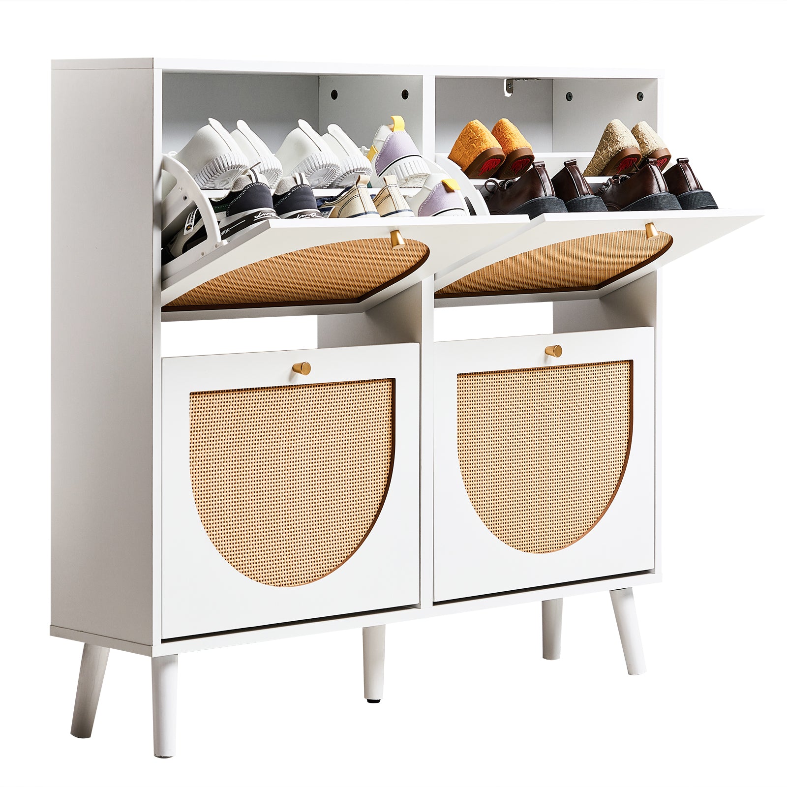HAOYYE 2 Rows of 4 Dump Buckets Rattan Shoe Cabinet with High Gold Feet, White Frame and Natural Rattan Surface, Entryway Storage Organizer with Flip Drawers