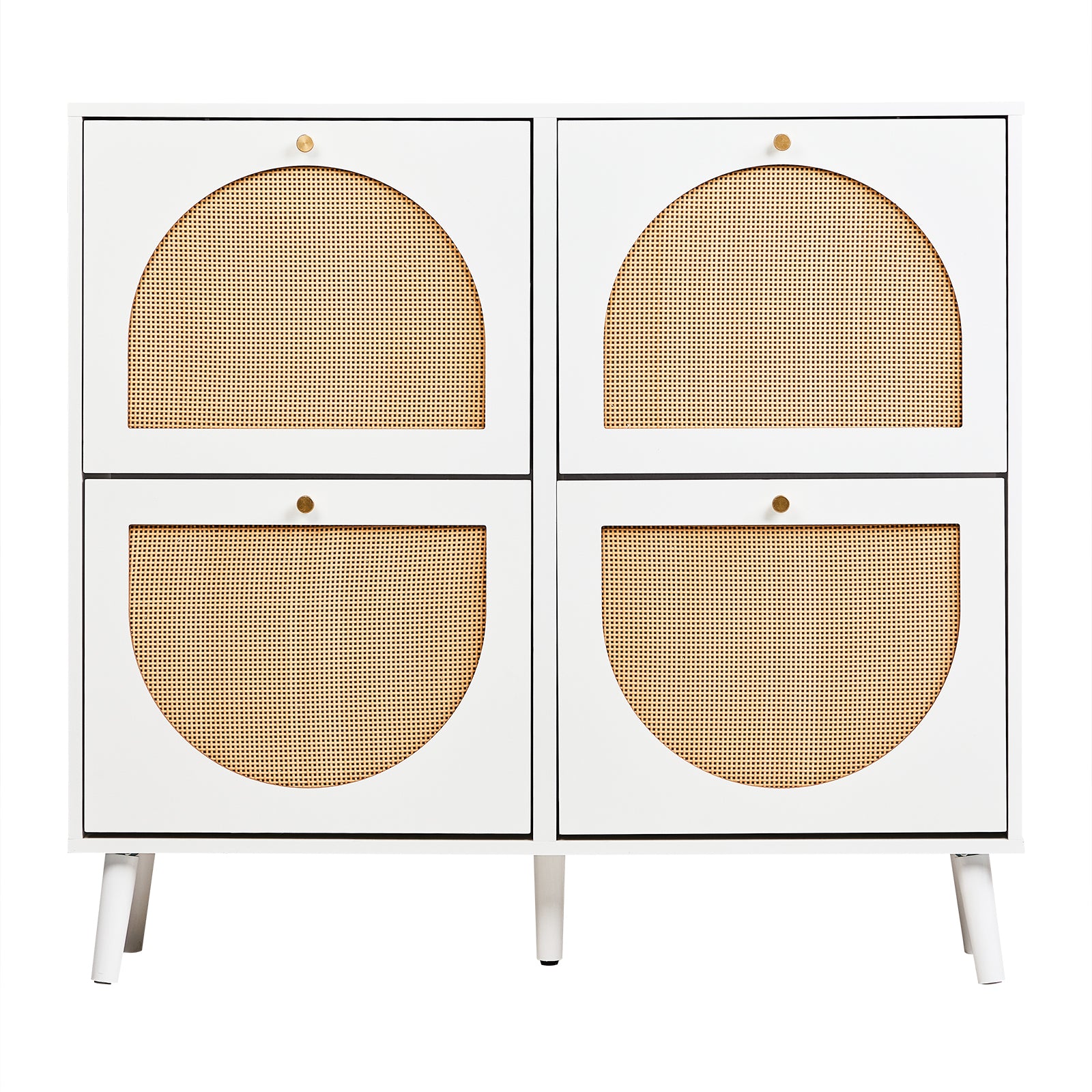 HAOYYE 2 Rows of 4 Dump Buckets Rattan Shoe Cabinet with High Gold Feet, White Frame and Natural Rattan Surface, Entryway Storage Organizer with Flip Drawers