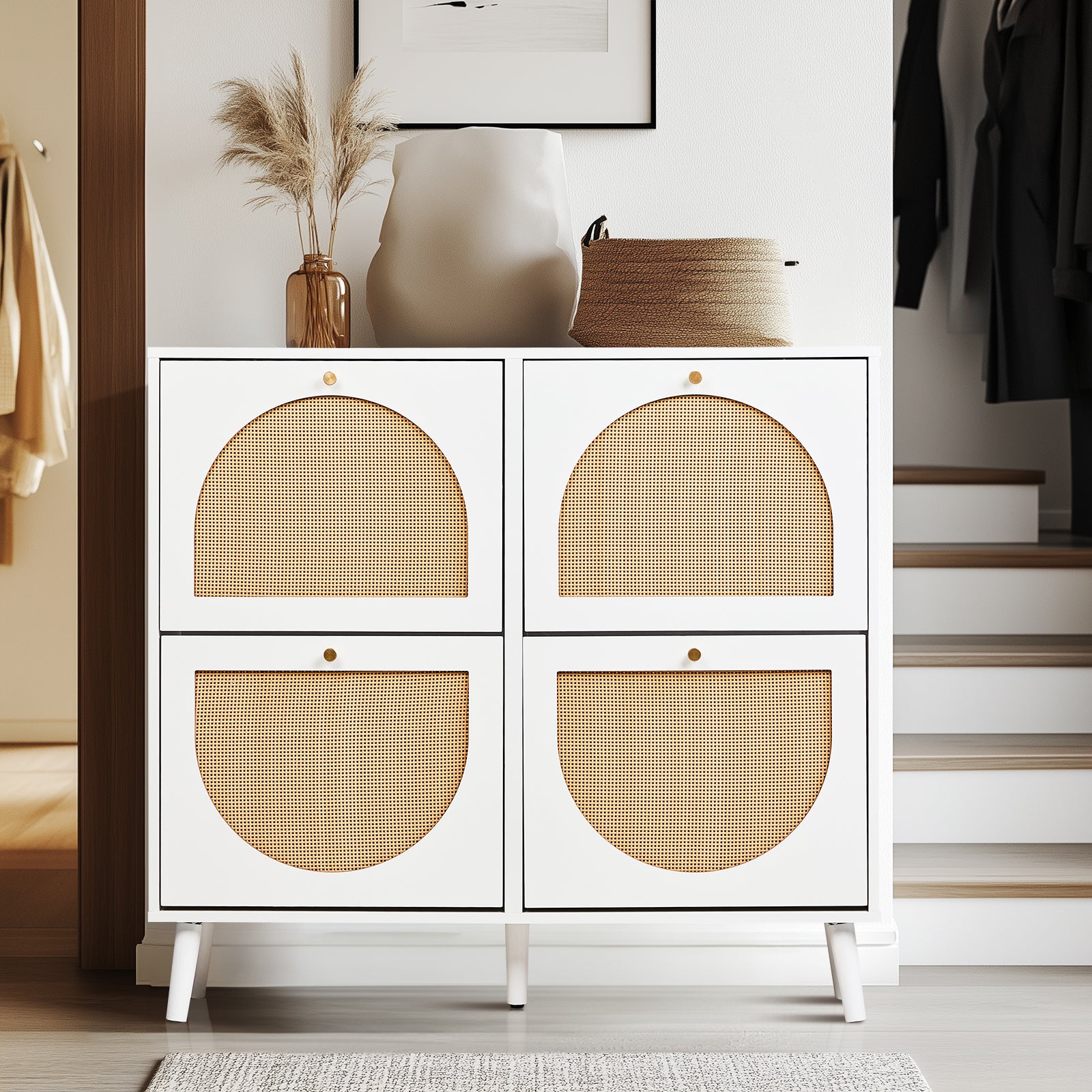 HAOYYE 2 Rows of 4 Dump Buckets Rattan Shoe Cabinet with High Gold Feet, White Frame and Natural Rattan Surface, Entryway Storage Organizer with Flip Drawers
