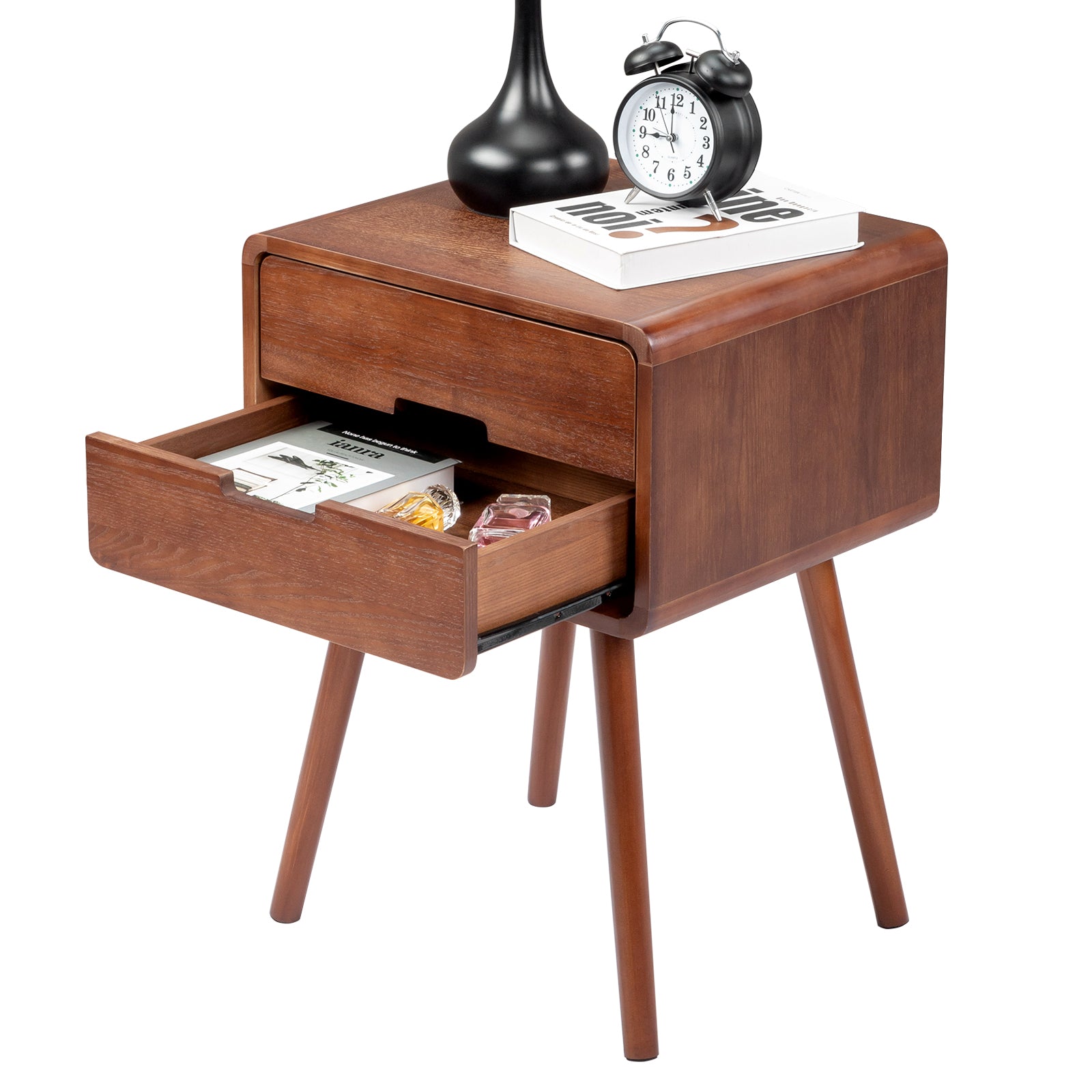 HAOYYE Wood Nightstand End Table with Drawer & Solid Wood Legs, Modern Bedside Table for Bedroom & Living Room, Compact Storage Side Table with Open Shelf, Sturdy and Stylish Accent Furniture, Easy Assembly