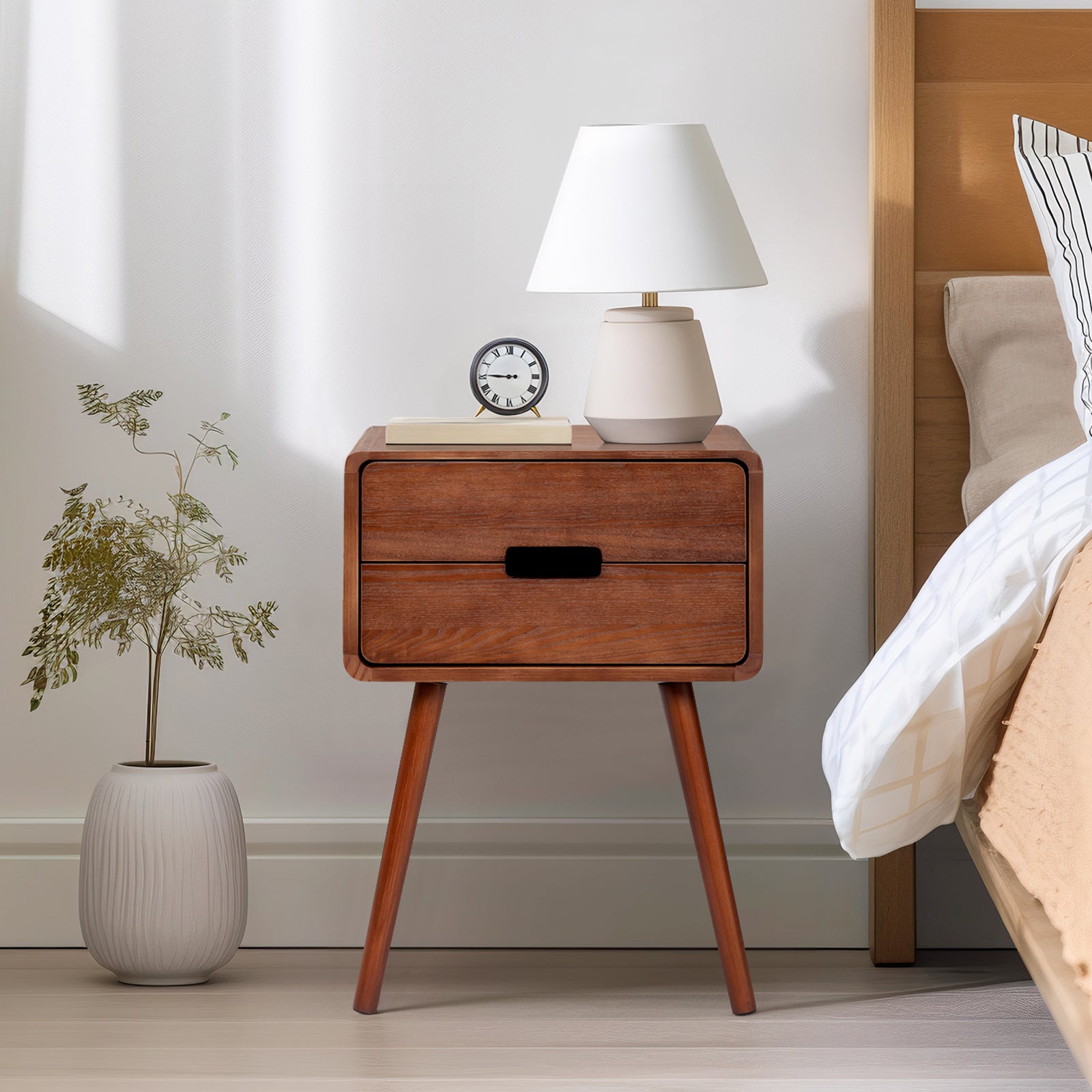 HAOYYE Wood Nightstand End Table with Drawer & Solid Wood Legs, Modern Bedside Table for Bedroom & Living Room, Compact Storage Side Table with Open Shelf, Sturdy and Stylish Accent Furniture, Easy Assembly