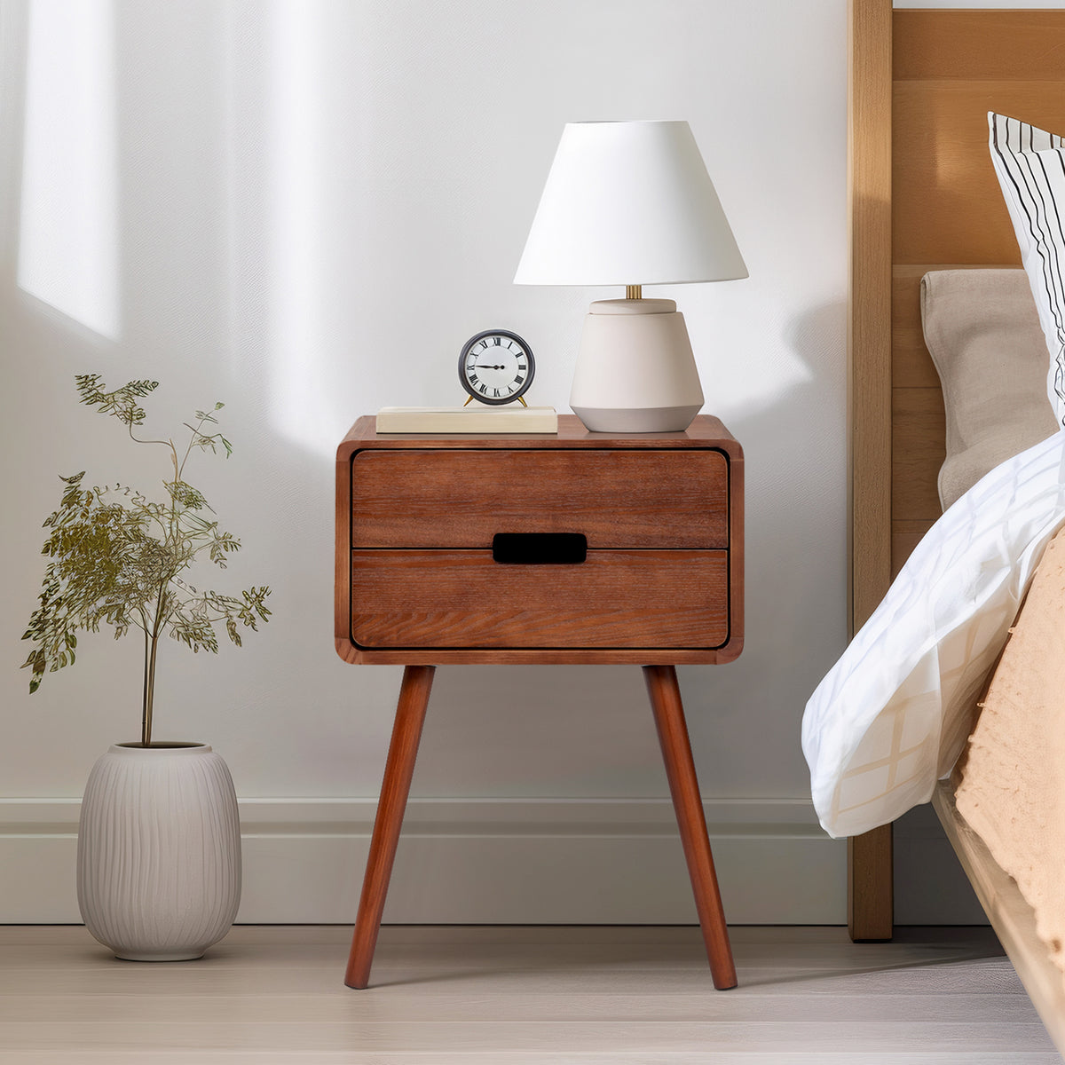 HAOYYE Wood Nightstand End Table with Drawer & Solid Wood Legs, Modern Bedside Table for Bedroom & Living Room, Compact Storage Side Table with Open Shelf, Sturdy and Stylish Accent Furniture, Easy Assembly