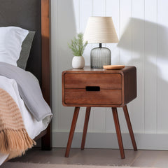 HAOYYE Wood Nightstand End Table with Drawer & Solid Wood Legs, Modern Bedside Table for Bedroom & Living Room, Compact Storage Side Table with Open Shelf, Sturdy and Stylish Accent Furniture, Easy Assembly