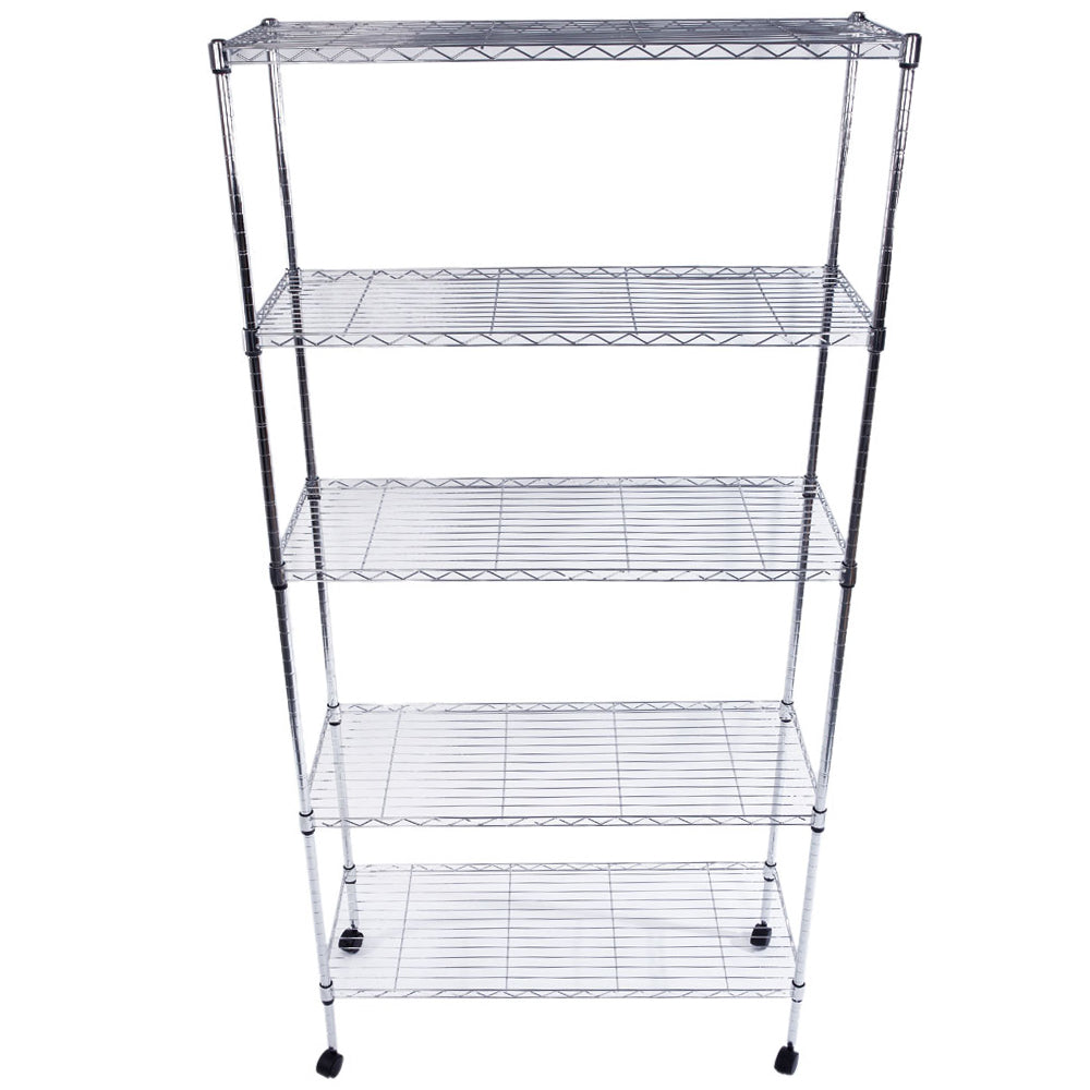 HAOYYE 5-Layer Chrome Plated Iron Storage Shelf with Lockable Nylon Wheels Heavy Duty Metal Utility Rack Adjustable Rolling Organizer for Kitchen Garage Office Warehouse Pantry