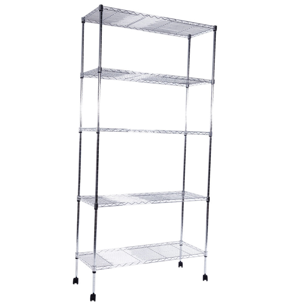 HAOYYE 5-Layer Chrome Plated Iron Storage Shelf with Lockable Nylon Wheels Heavy Duty Metal Utility Rack Adjustable Rolling Organizer for Kitchen Garage Office Warehouse Pantry