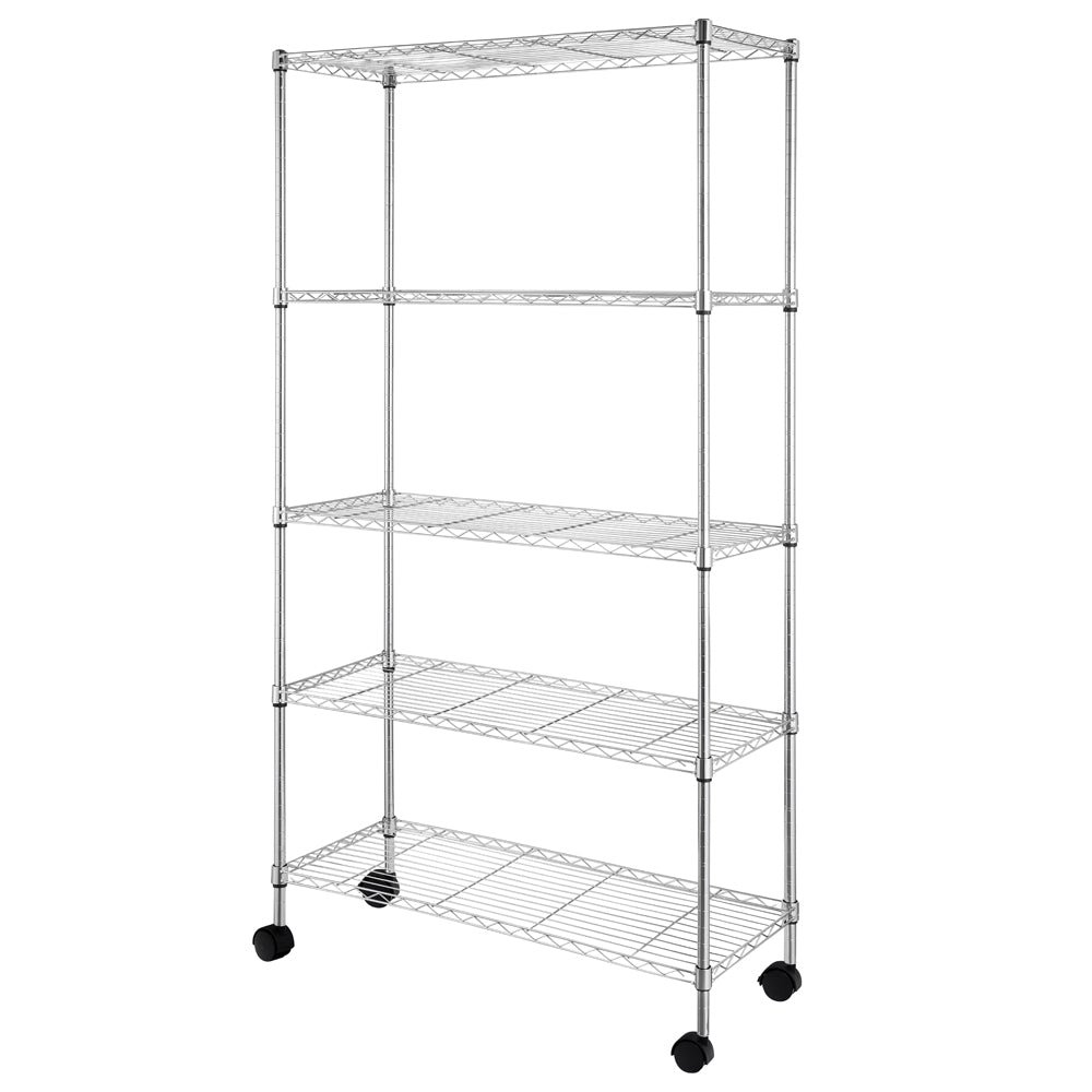 HAOYYE 5-Layer Chrome Plated Iron Storage Shelf with Lockable Nylon Wheels Heavy Duty Metal Utility Rack Adjustable Rolling Organizer for Kitchen Garage Office Warehouse Pantry