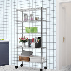 HAOYYE 5-Layer Chrome Plated Iron Storage Shelf with Lockable Nylon Wheels Heavy Duty Metal Utility Rack Adjustable Rolling Organizer for Kitchen Garage Office Warehouse Pantry