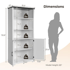 HAOYYE 3-Layer Display Cabinet With 2 Doors, Black Iron Corners, Front Curved Base Feet, White Triamine Board, Luxury Home Decor, Elegant Storage Cabinet For Living Room, Soft Cozy Warm Design.