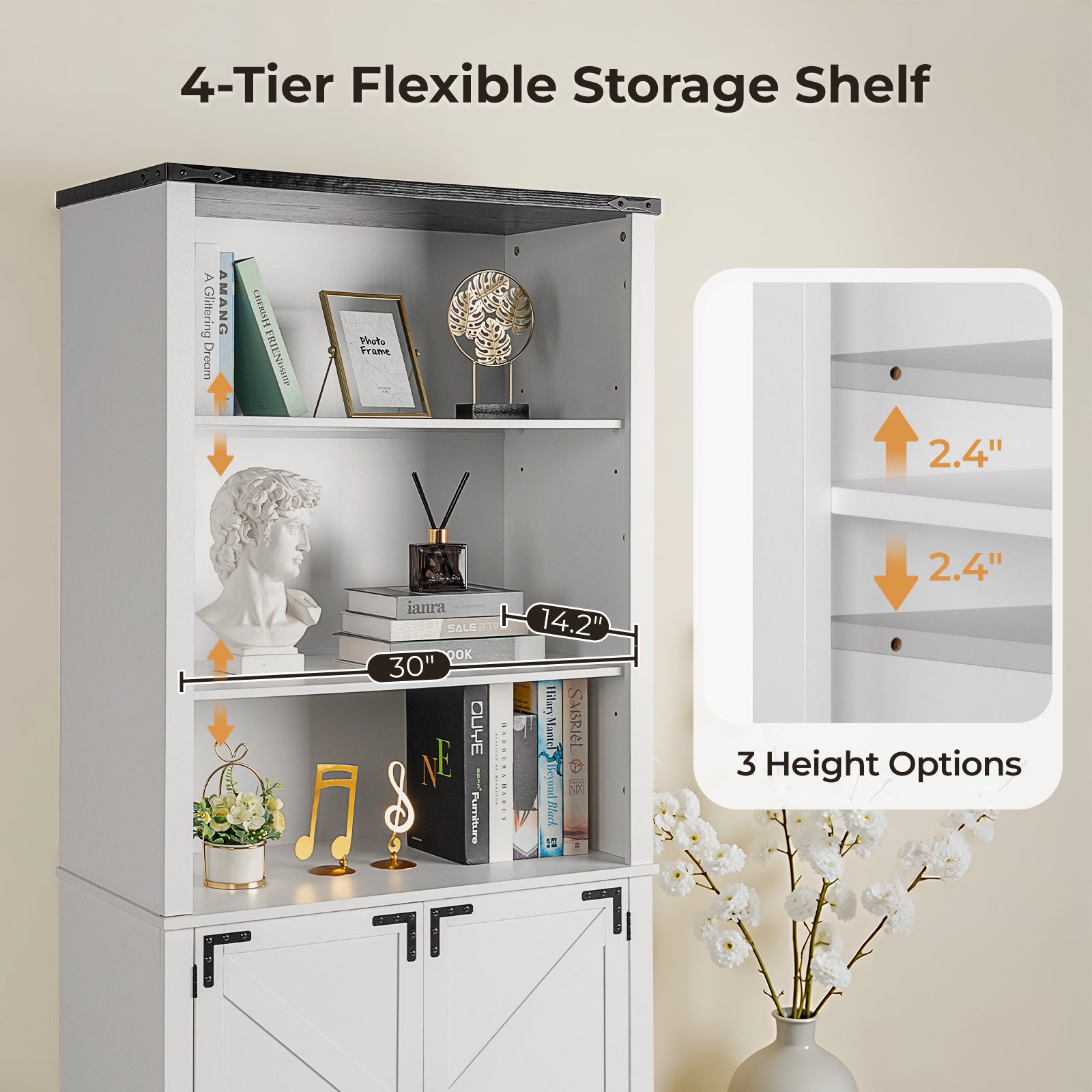 HAOYYE 3-Layer Display Cabinet With 2 Doors, Black Iron Corners, Front Curved Base Feet, White Triamine Board, Luxury Home Decor, Elegant Storage Cabinet For Living Room, Soft Cozy Warm Design.