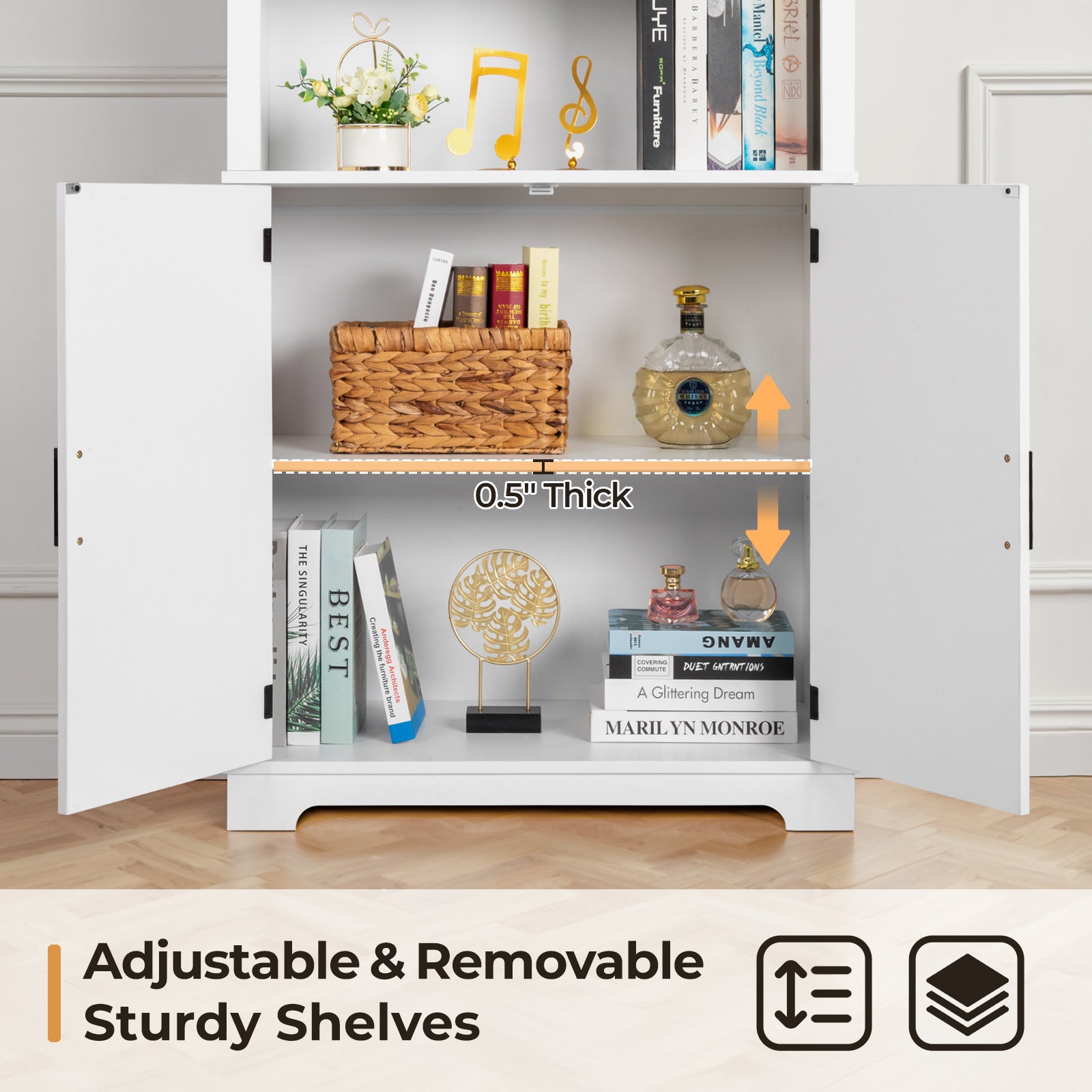 HAOYYE 3-Layer Display Cabinet With 2 Doors, Black Iron Corners, Front Curved Base Feet, White Triamine Board, Luxury Home Decor, Elegant Storage Cabinet For Living Room, Soft Cozy Warm Design.