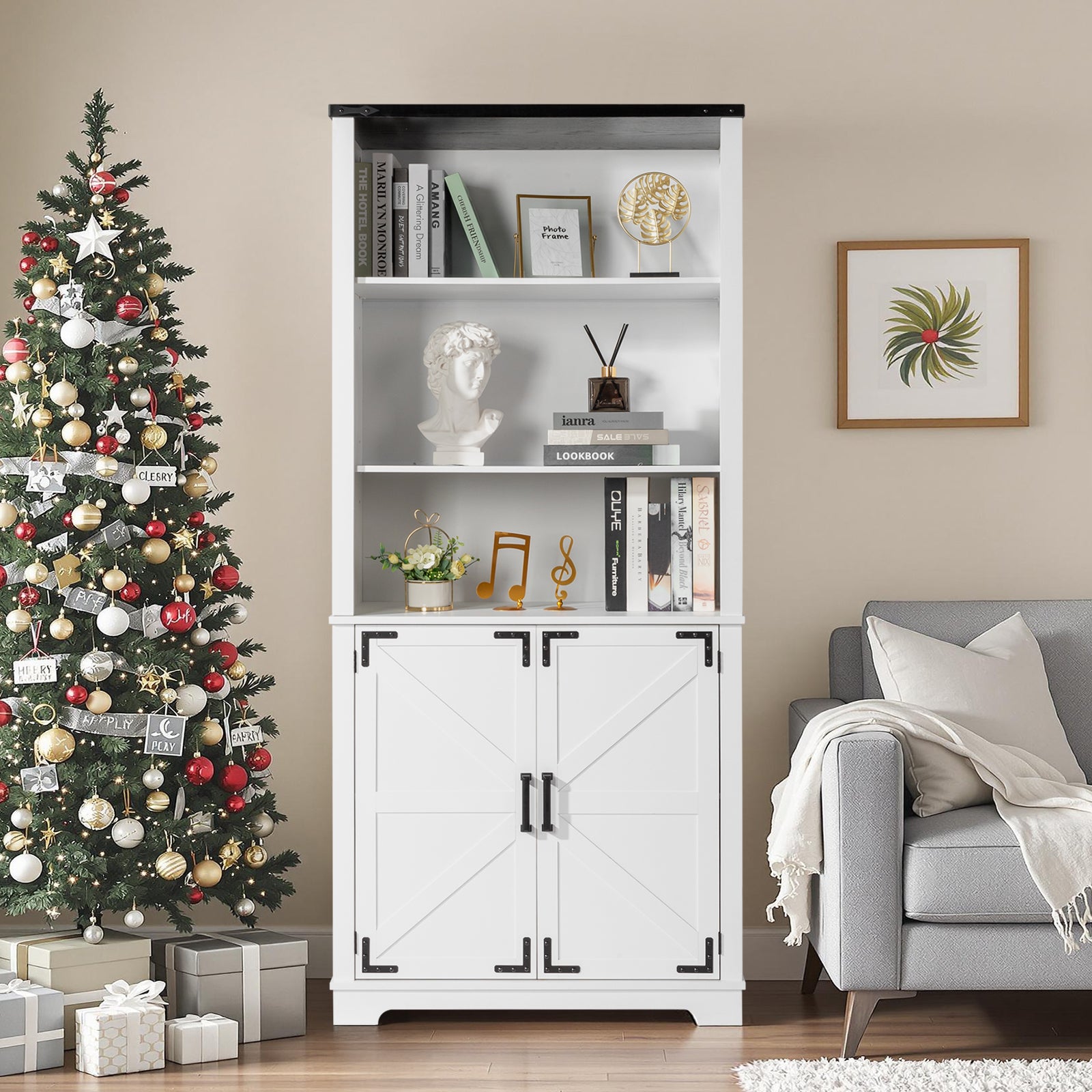 HAOYYE 3-Layer Display Cabinet With 2 Doors, Black Iron Corners, Front Curved Base Feet, White Triamine Board, Luxury Home Decor, Elegant Storage Cabinet For Living Room, Soft Cozy Warm Design.