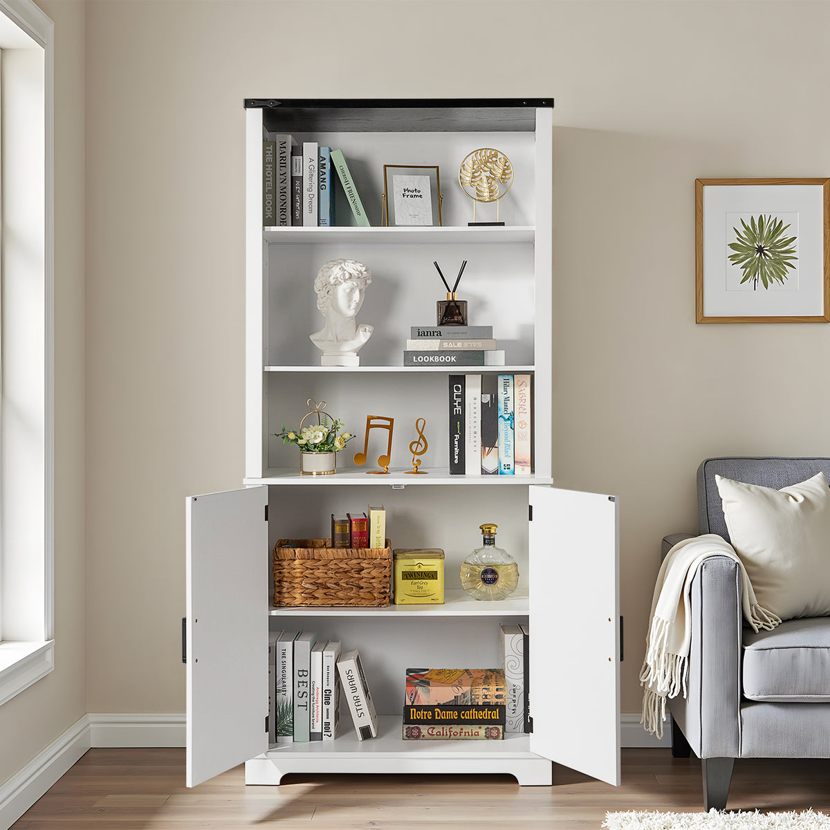 HAOYYE 3-Layer Display Cabinet With 2 Doors, Black Iron Corners, Front Curved Base Feet, White Triamine Board, Luxury Home Decor, Elegant Storage Cabinet For Living Room, Soft Cozy Warm Design.
