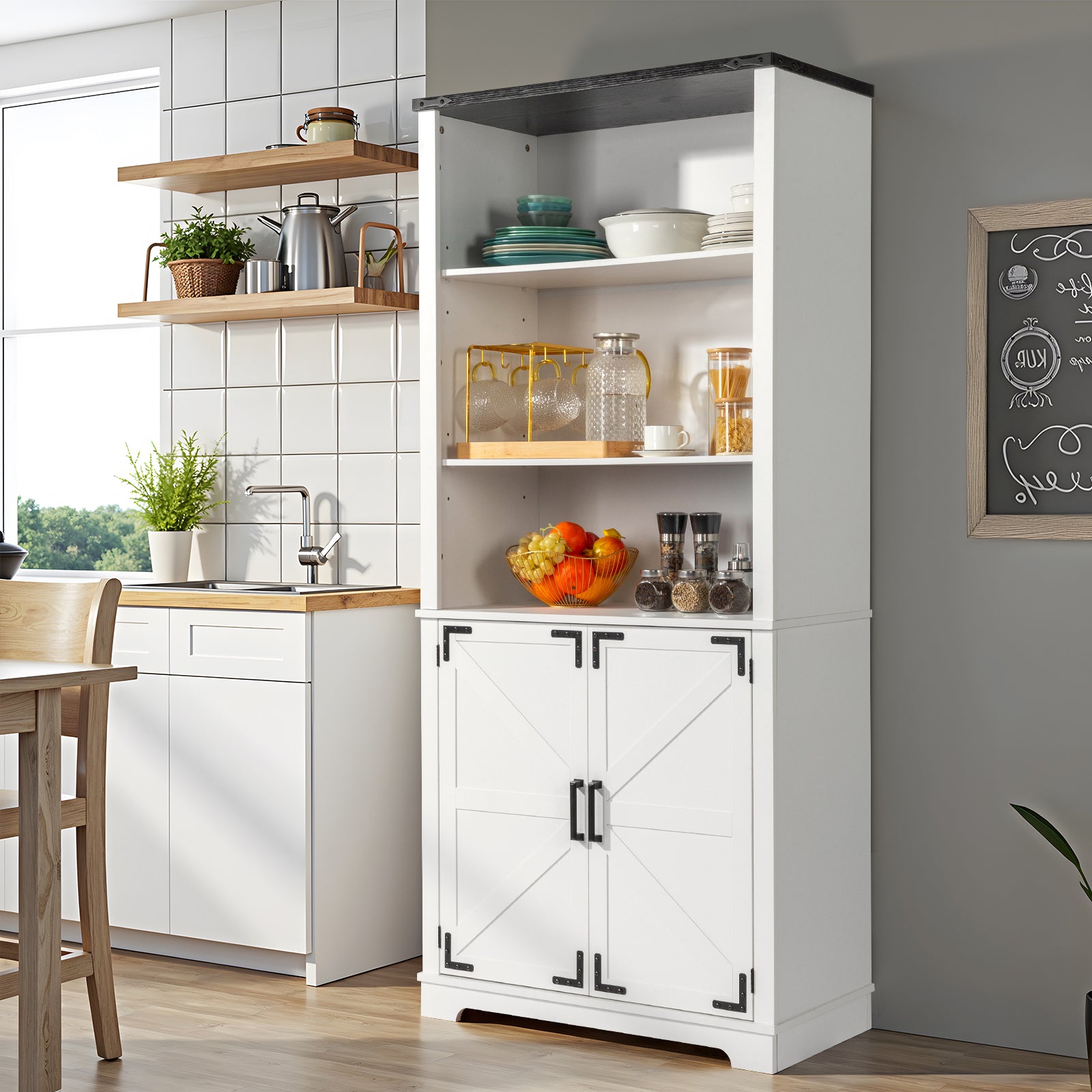 HAOYYE 3-Layer Display Cabinet With 2 Doors, Black Iron Corners, Front Curved Base Feet, White Triamine Board, Luxury Home Decor, Elegant Storage Cabinet For Living Room, Soft Cozy Warm Design.