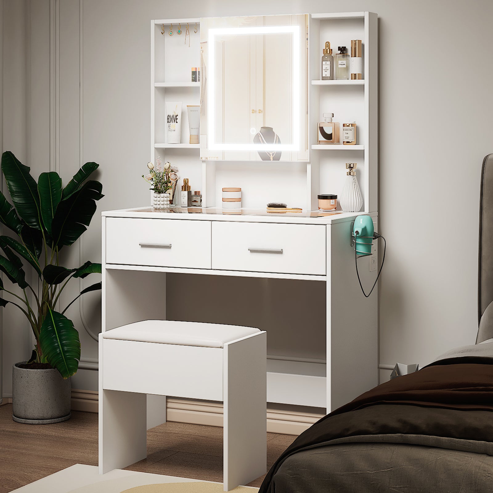 DE Direct HAOYYE Modern Vanity Table with Mirror and Storage Drawers Makeup Desk with Elegant Design for Bedroom Dressing Area Living Room Space-Saving Stylish Furniture