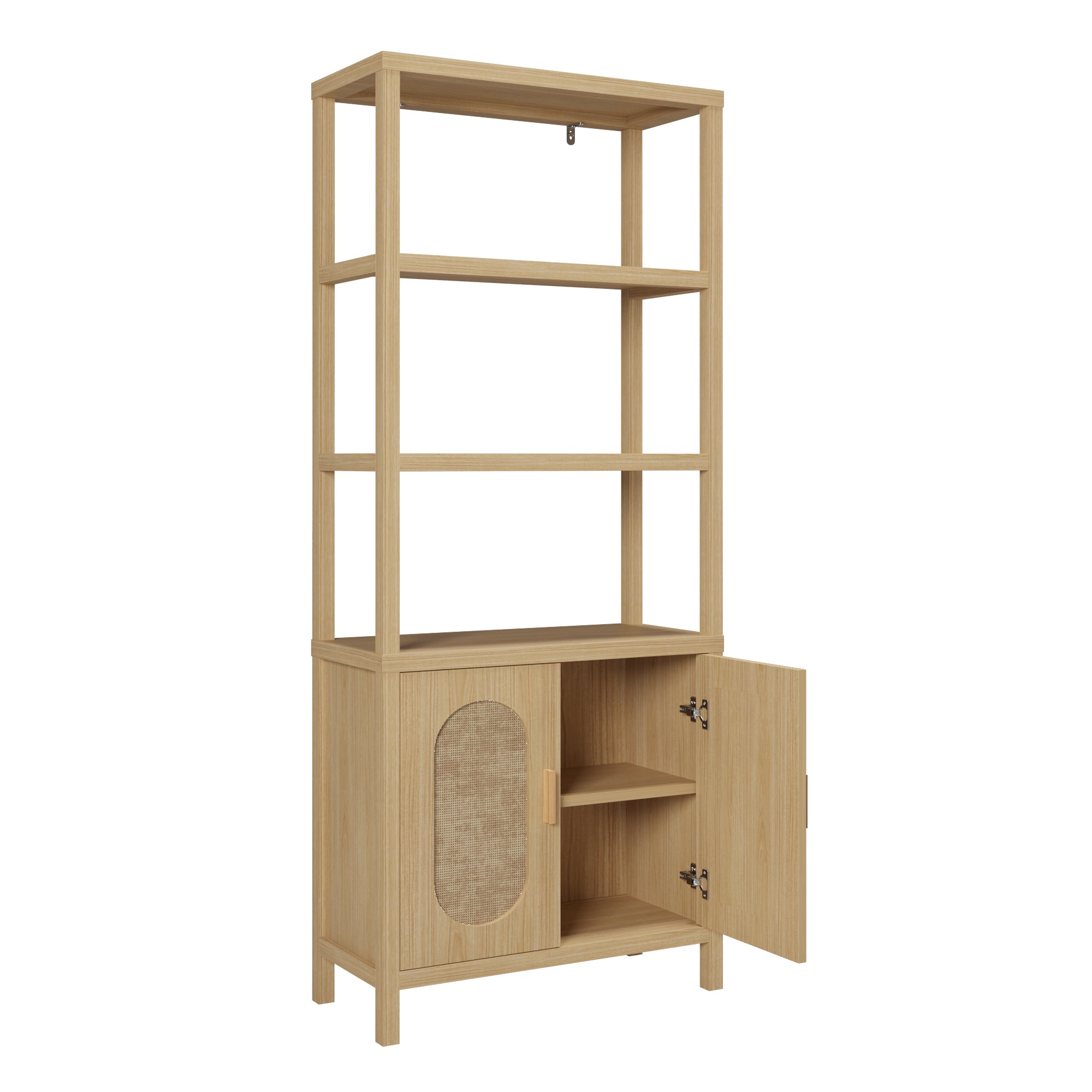 HAOYYE 4-Layer Display Cabinet with Double Doors, Original Wood Color, Rattan Surface, Stylish Storage Solution, Soft Cozy Design for Home Decor, Unique and Comfortable, Elegant and Functional Display Case for Living Room or Bedroom