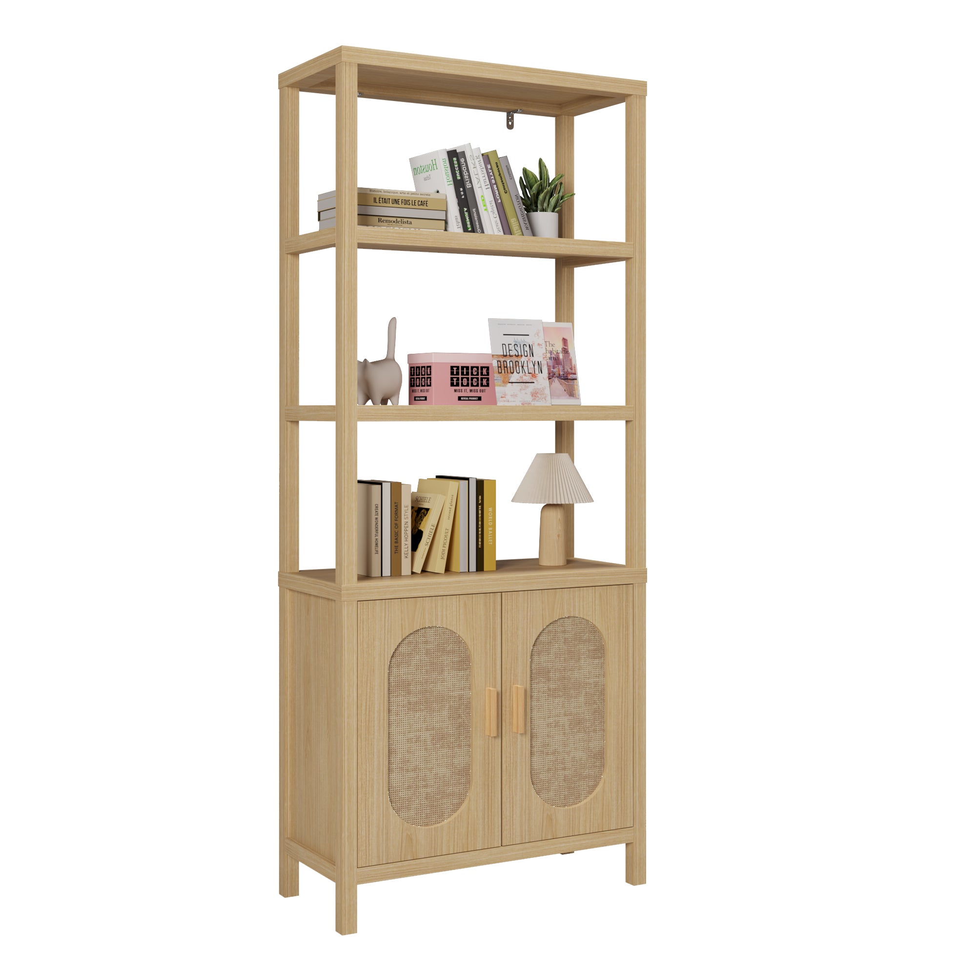 HAOYYE 4-Layer Display Cabinet with Double Doors, Original Wood Color, Rattan Surface, Stylish Storage Solution, Soft Cozy Design for Home Decor, Unique and Comfortable, Elegant and Functional Display Case for Living Room or Bedroom
