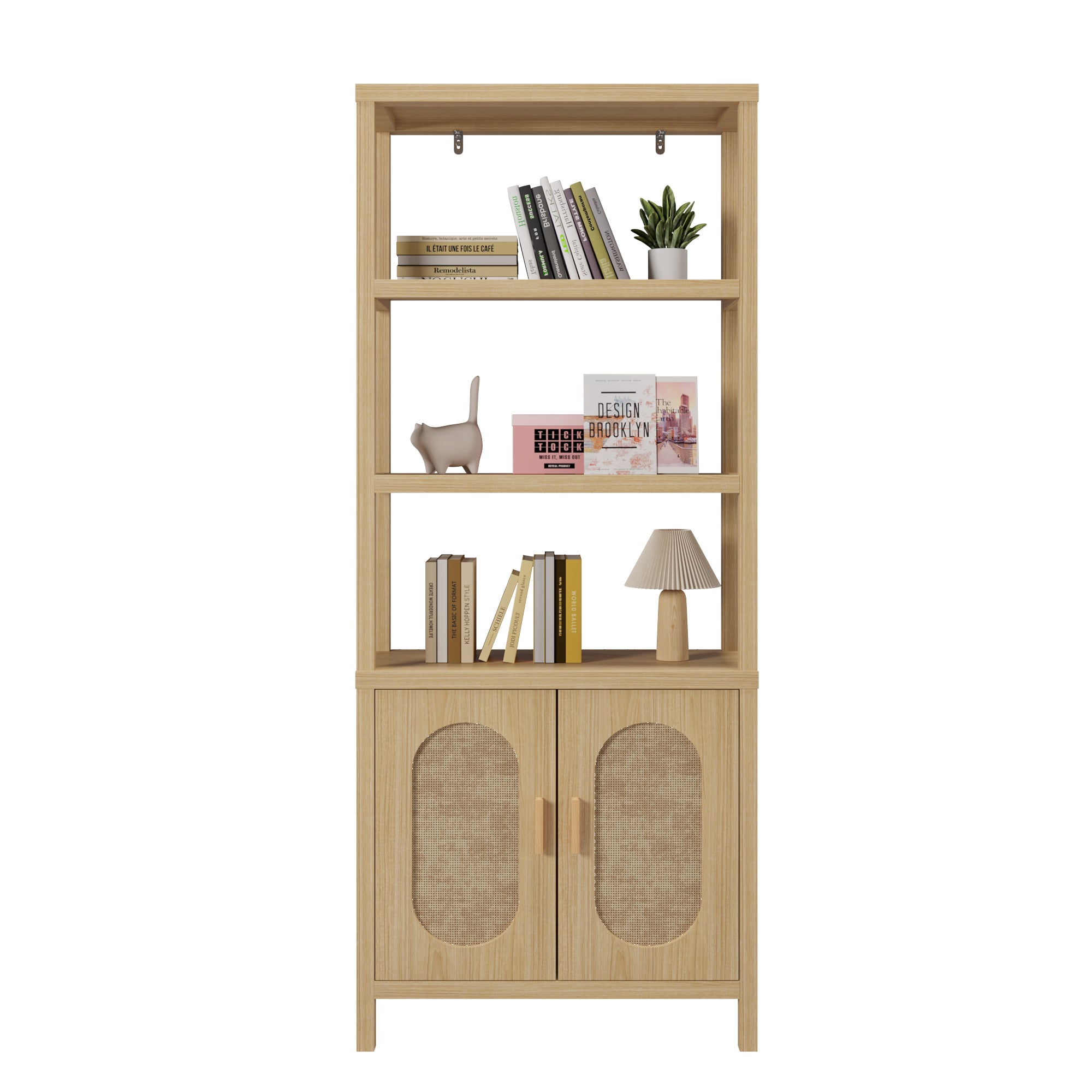 HAOYYE 4-Layer Display Cabinet with Double Doors, Original Wood Color, Rattan Surface, Stylish Storage Solution, Soft Cozy Design for Home Decor, Unique and Comfortable, Elegant and Functional Display Case for Living Room or Bedroom