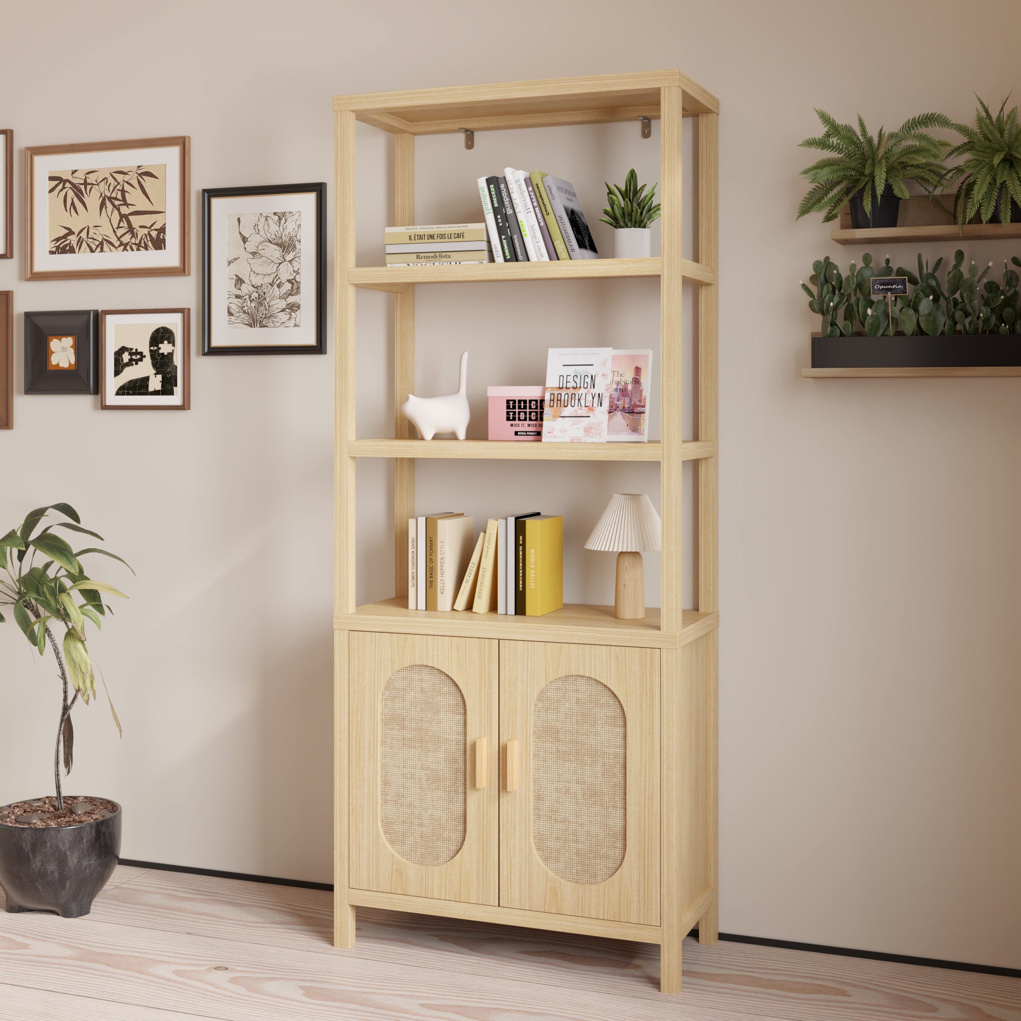 HAOYYE 4-Layer Display Cabinet with Double Doors, Original Wood Color, Rattan Surface, Stylish Storage Solution, Soft Cozy Design for Home Decor, Unique and Comfortable, Elegant and Functional Display Case for Living Room or Bedroom