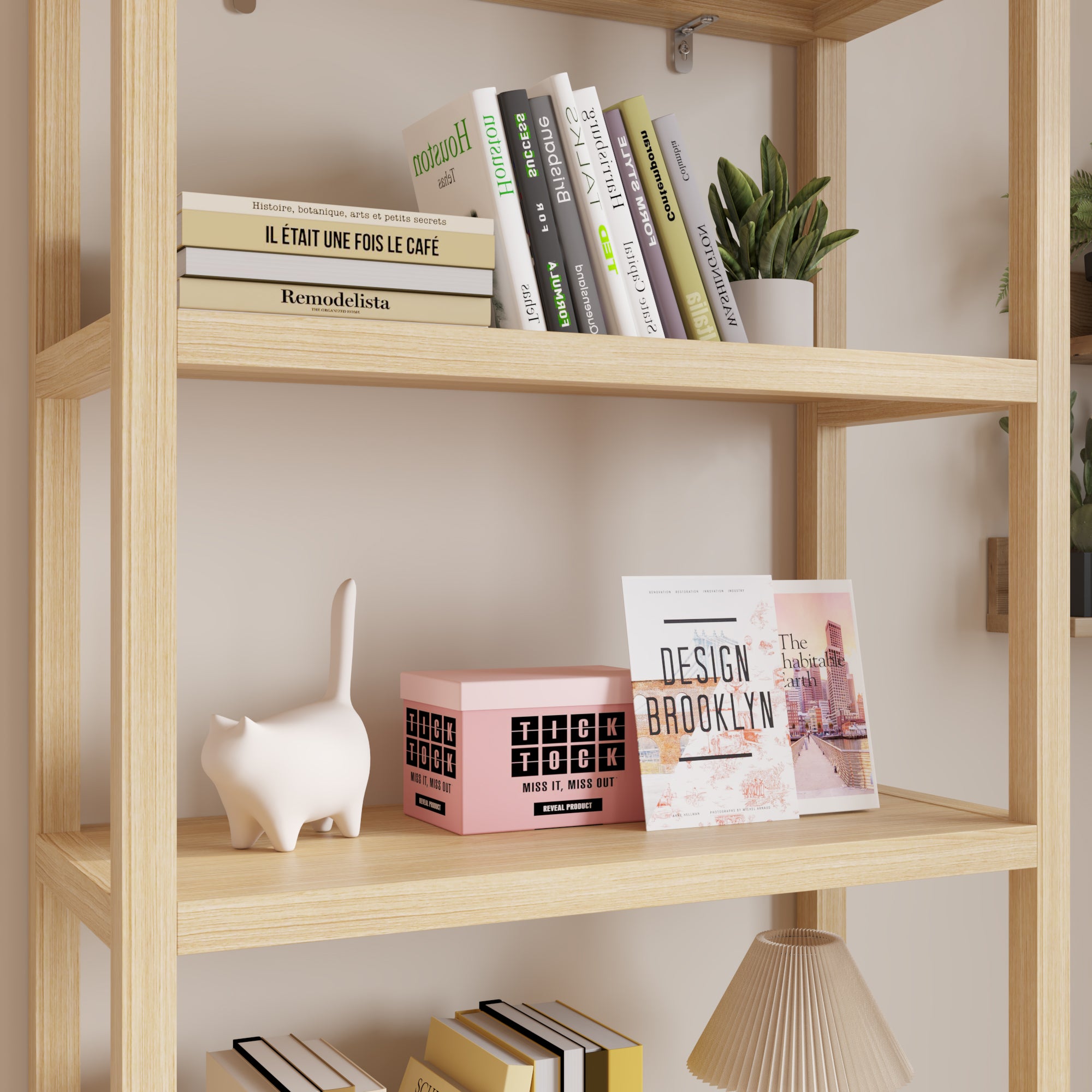 HAOYYE 4-Layer Display Cabinet with Double Doors, Original Wood Color, Rattan Surface, Stylish Storage Solution, Soft Cozy Design for Home Decor, Unique and Comfortable, Elegant and Functional Display Case for Living Room or Bedroom