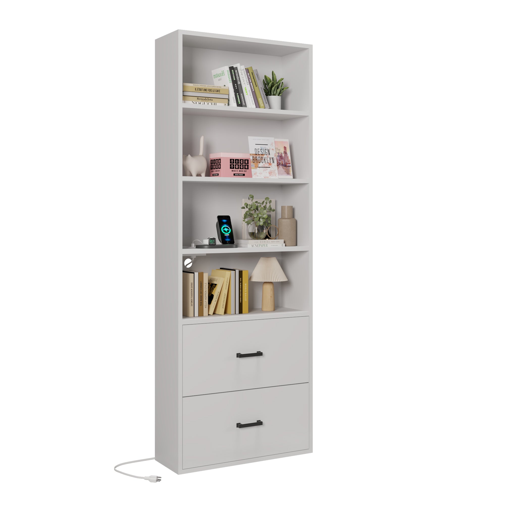 HAOYYE 4-Layer Display Cabinet with 2 USB Ports and 2 Plugs, 2 Drawers, Triamine Board Construction, White Soft Cozy Warm Flannel Fleece Home Decor, Luxury Comfortable Unique Design, Premium Quality Storage Cabinet for Living Room or Office