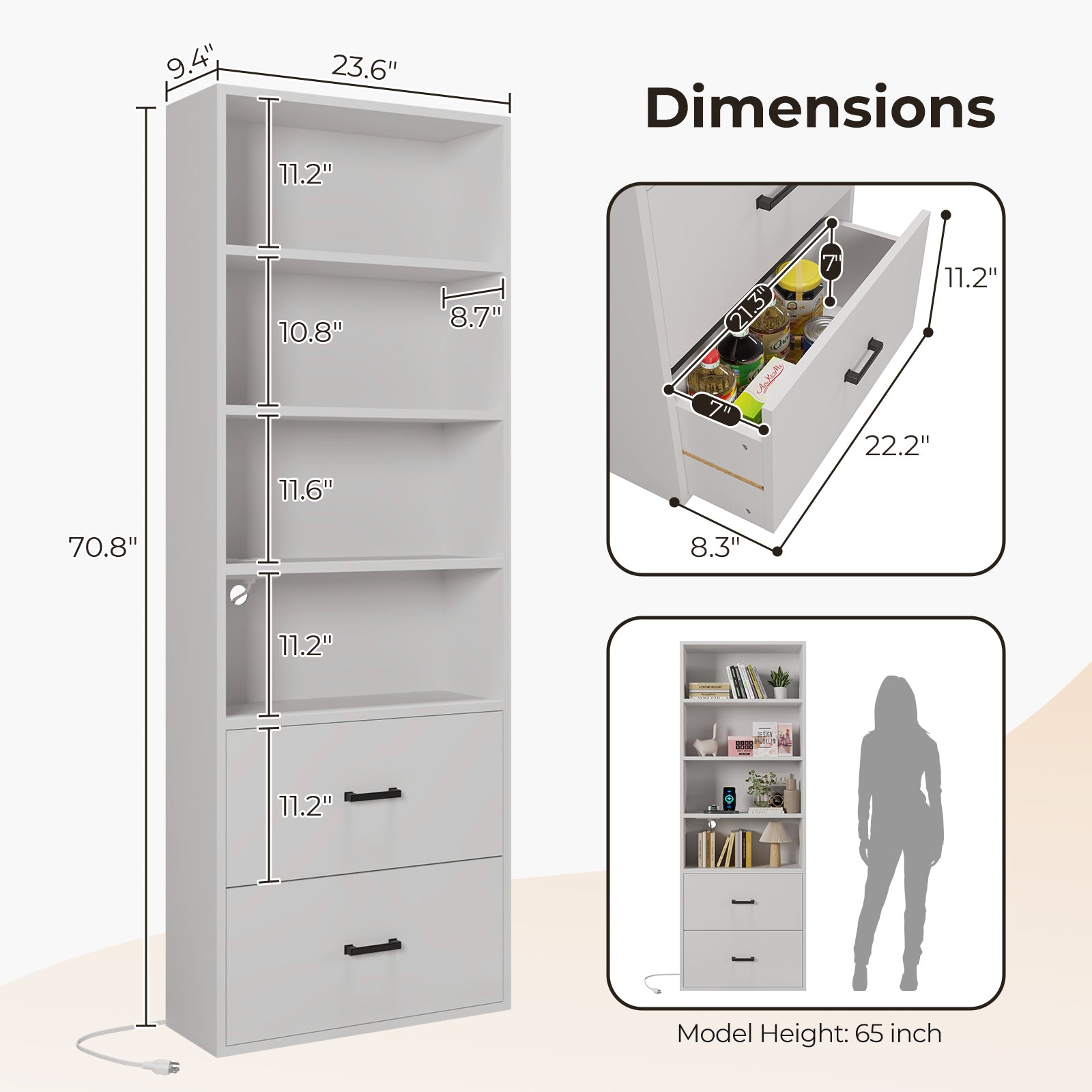 HAOYYE 4-Layer Display Cabinet with 2 USB Ports and 2 Plugs, 2 Drawers, Triamine Board Construction, White Soft Cozy Warm Flannel Fleece Home Decor, Luxury Comfortable Unique Design, Premium Quality Storage Cabinet for Living Room or Office