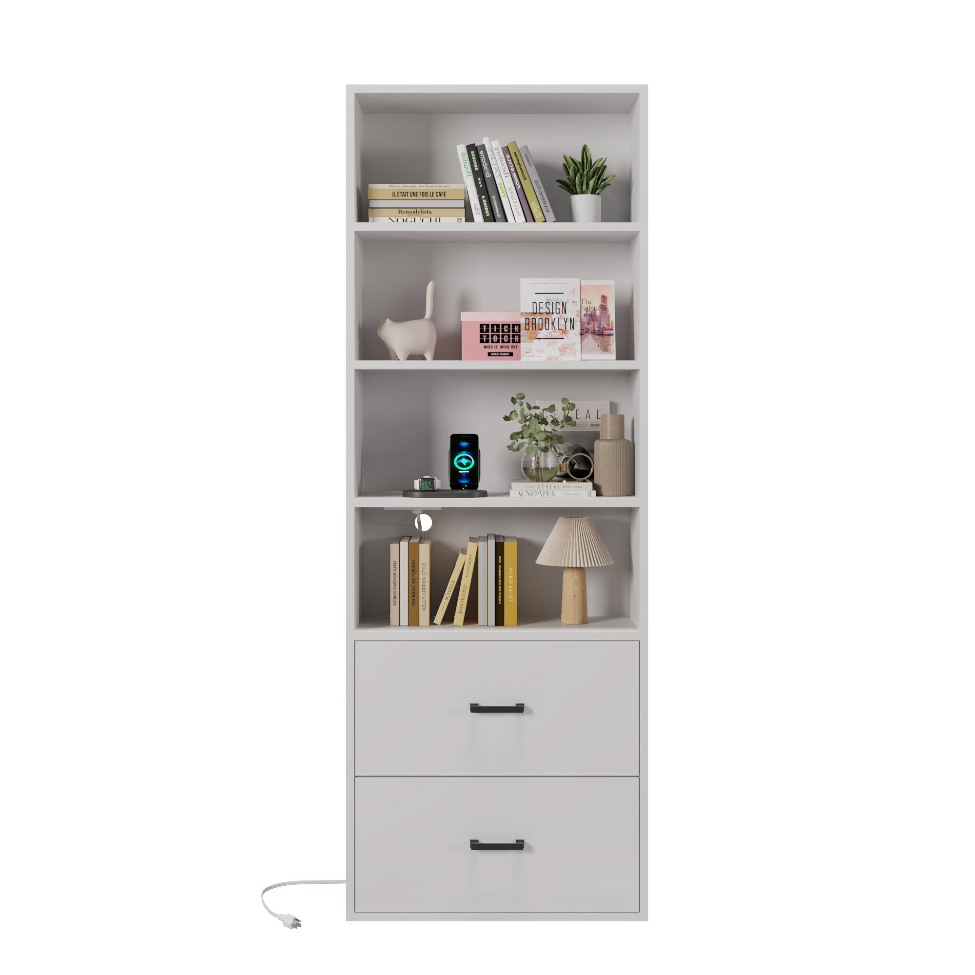 HAOYYE 4-Layer Display Cabinet with 2 USB Ports and 2 Plugs, 2 Drawers, Triamine Board Construction, White Soft Cozy Warm Flannel Fleece Home Decor, Luxury Comfortable Unique Design, Premium Quality Storage Cabinet for Living Room or Office