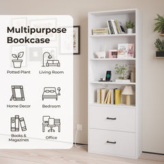 HAOYYE 4-Layer Display Cabinet with 2 USB Ports and 2 Plugs, 2 Drawers, Triamine Board Construction, White Soft Cozy Warm Flannel Fleece Home Decor, Luxury Comfortable Unique Design, Premium Quality Storage Cabinet for Living Room or Office