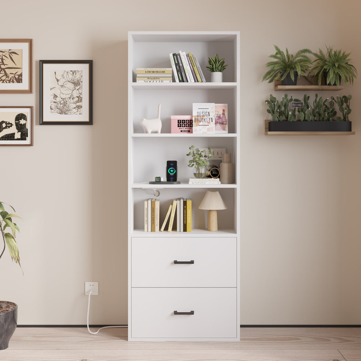 HAOYYE 4-Layer Display Cabinet with 2 USB Ports and 2 Plugs, 2 Drawers, Triamine Board Construction, White Soft Cozy Warm Flannel Fleece Home Decor, Luxury Comfortable Unique Design, Premium Quality Storage Cabinet for Living Room or Office