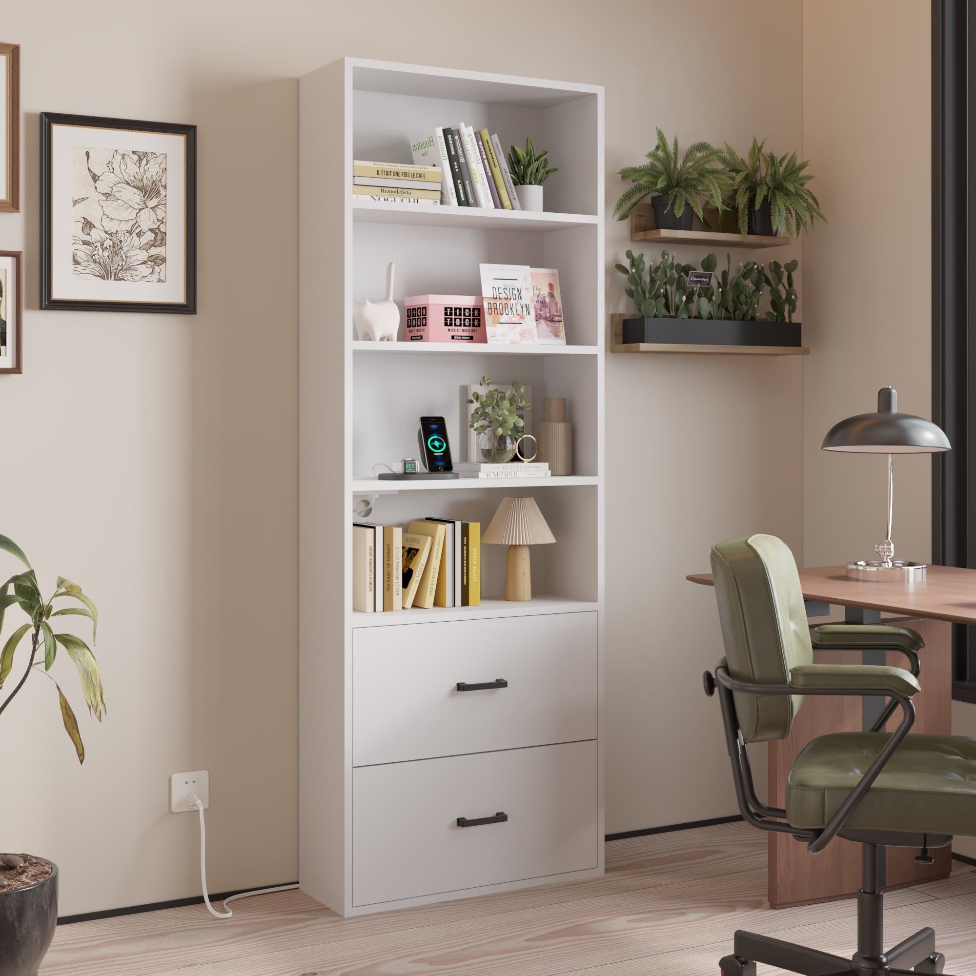 HAOYYE 4-Layer Display Cabinet with 2 USB Ports and 2 Plugs, 2 Drawers, Triamine Board Construction, White Soft Cozy Warm Flannel Fleece Home Decor, Luxury Comfortable Unique Design, Premium Quality Storage Cabinet for Living Room or Office